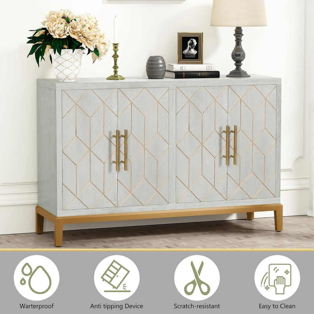 HLR 48' Accent Cabinet with 4 Doors and Shelves, Modern Credenza Storage Cabinet with Gold Trim, Green Buffet Cabinet for Living Room, Kitchen, Dining Room, Hallway