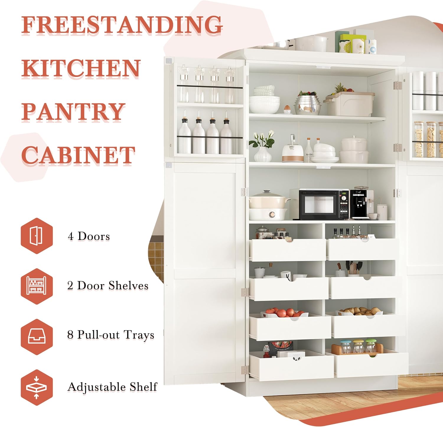 Freestanding Kitchen Pantry Storage Cabinet, 70.9''H Tall Wooden Kitchen Organizers with 4 Doors, 2 Door Shelves, 8 Pull-out Trays and Adjustable Shelf for Dining Room Living Room (White-8.5)