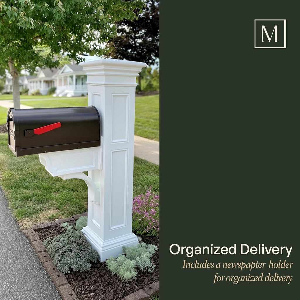 Mayne Inc. Liberty Single Arm Mail Post - White - 31in L x 14in W x 64in H - Liberty Post & Arm, Hardware Kit (5805-W)