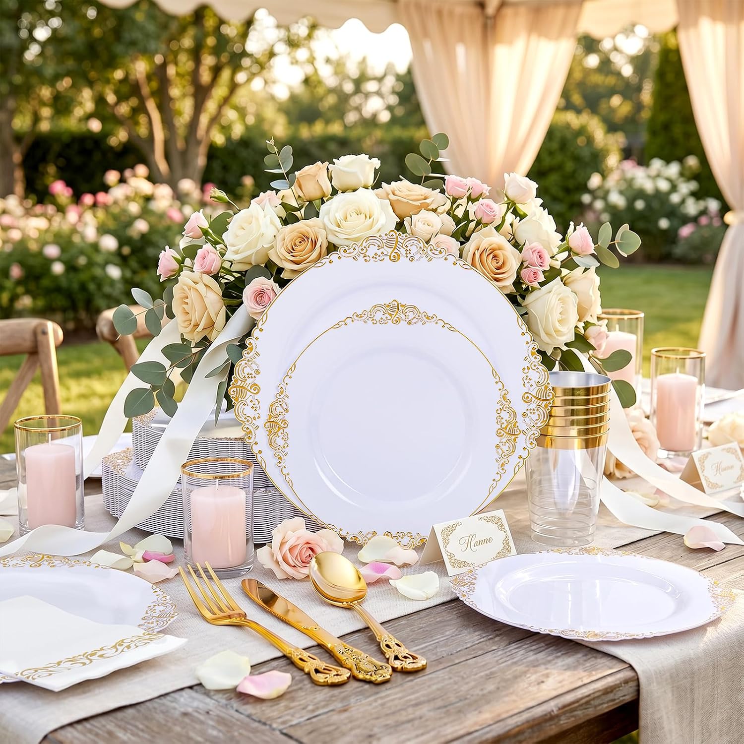 YOUBET 700PCS Gold Plastic Dinnerware Set - White and Gold Disposable Plates for 100 Guest - 200 Disposable Plates, 300 Heavy Duty Plastic Silverware, 100 Cups,100 Napkins for Wedding