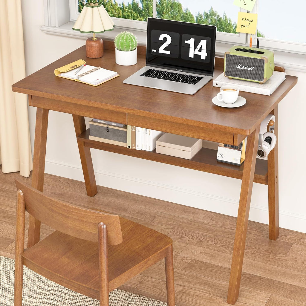 100% Solid Wood Desk with Drawers & Storage Shelf - 40 x 24 Inch Mid Century Modern Desks, Vintage Writing Desk with Deeper Desktop, Home Office Computer Desks for Bedroom & Home-Walnut Color