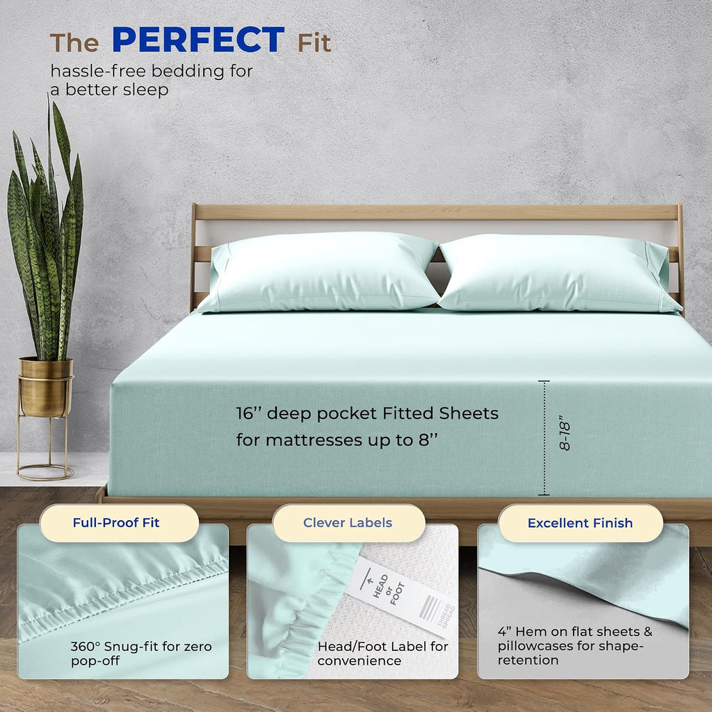 THREAD SPREAD California King Bed Sheets, Luxury 1000 Series Paradise Collection 100% Egyptian Cotton Cal King Sheets Set (4 PC, Sea Foam), Silky Soft, Cooling, 16' Deep Pocket Hotel Sheet Set