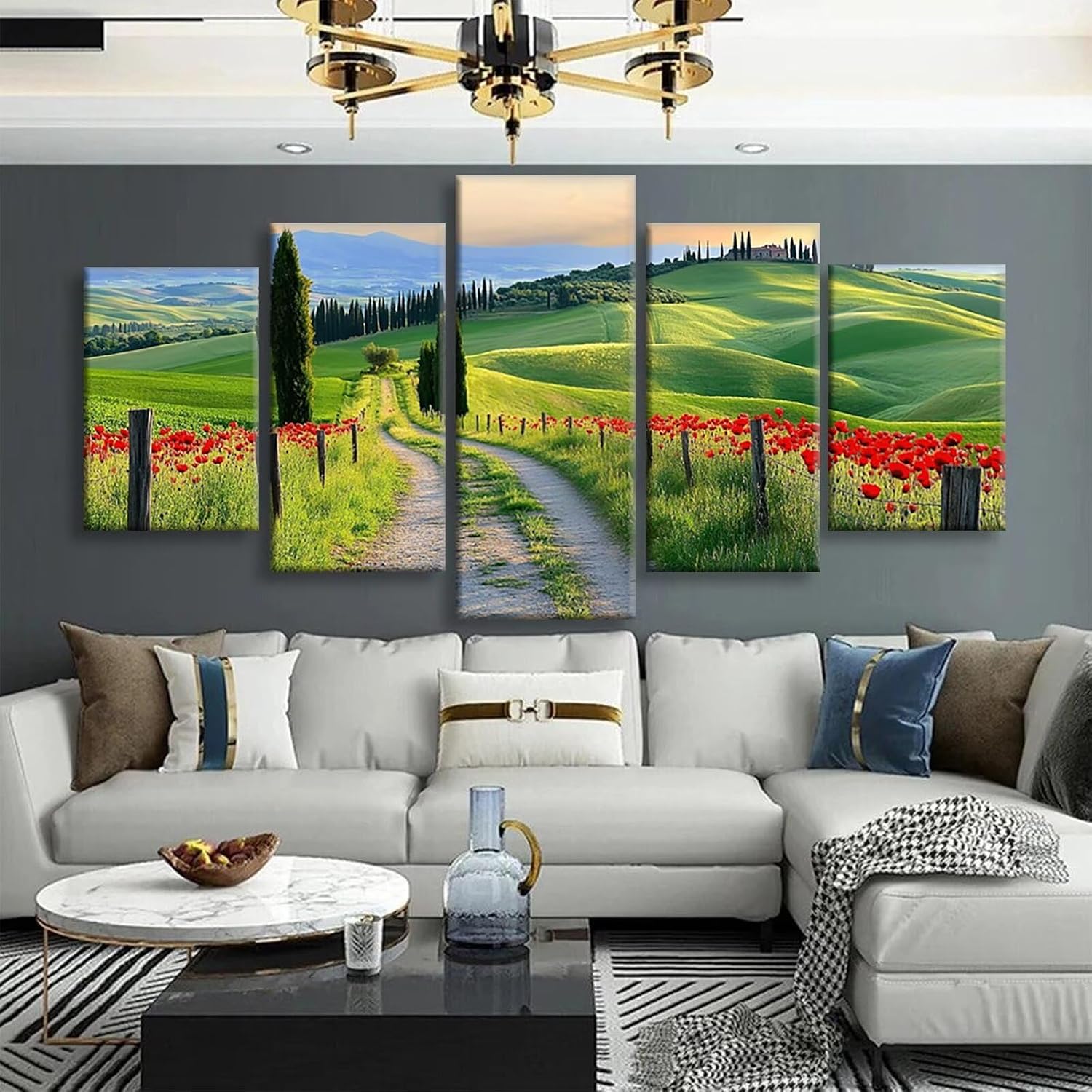 Flowers Diamond Art 5 Piece Diamond Painting Landscape 5D DIY Full Round Drill Dimond Art Paintings Crystal Crafts for Adults Gem Painting for Home Decor, Large Artwork for Wall 44 x 90 Inch, Model123
