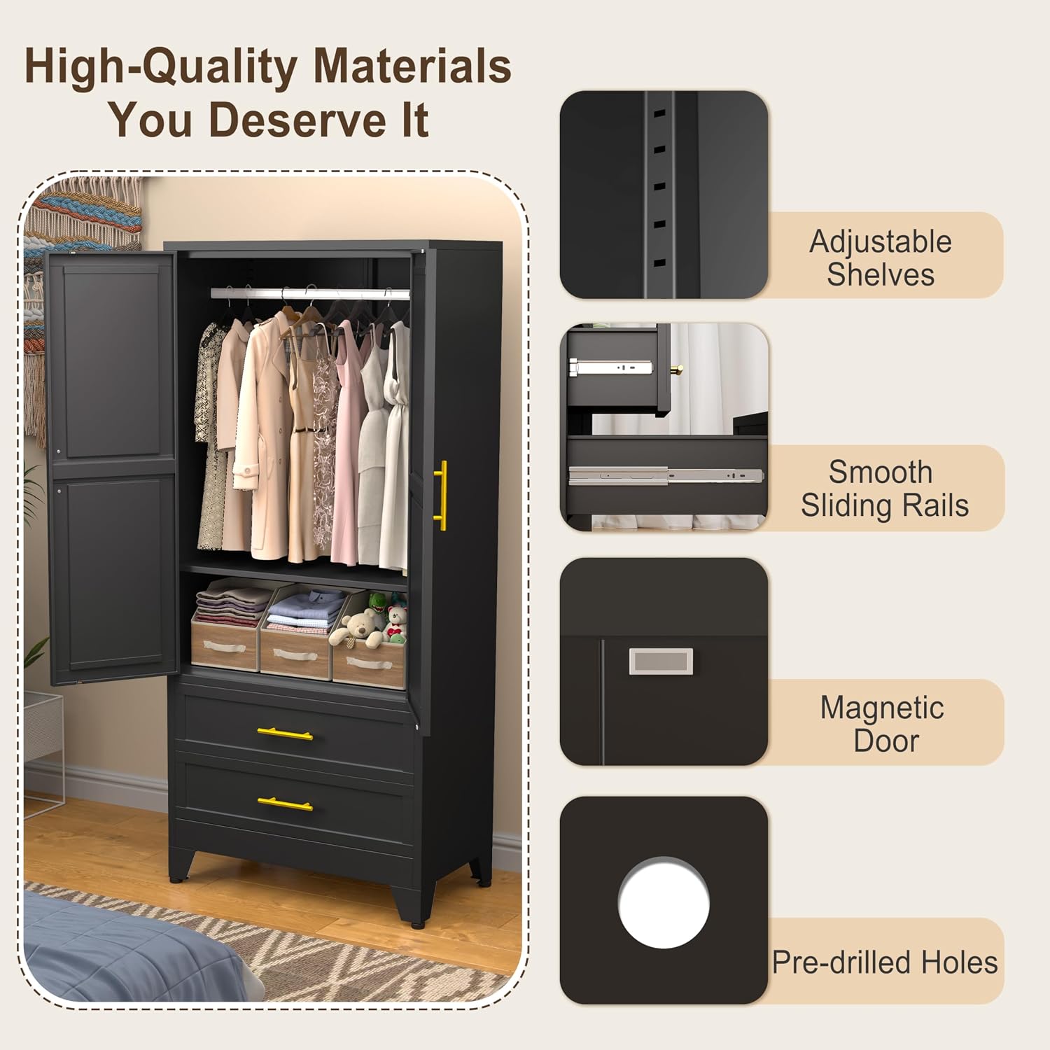 Metal Armoire Wardrobe Closet Storage Cabinet with Hanging Rod,71'' Metal Wardrobe Cabinet with 2 Drawers and Adjustable Shelf,2 Doors for Bedroom, Laundry Room, Cloak Room