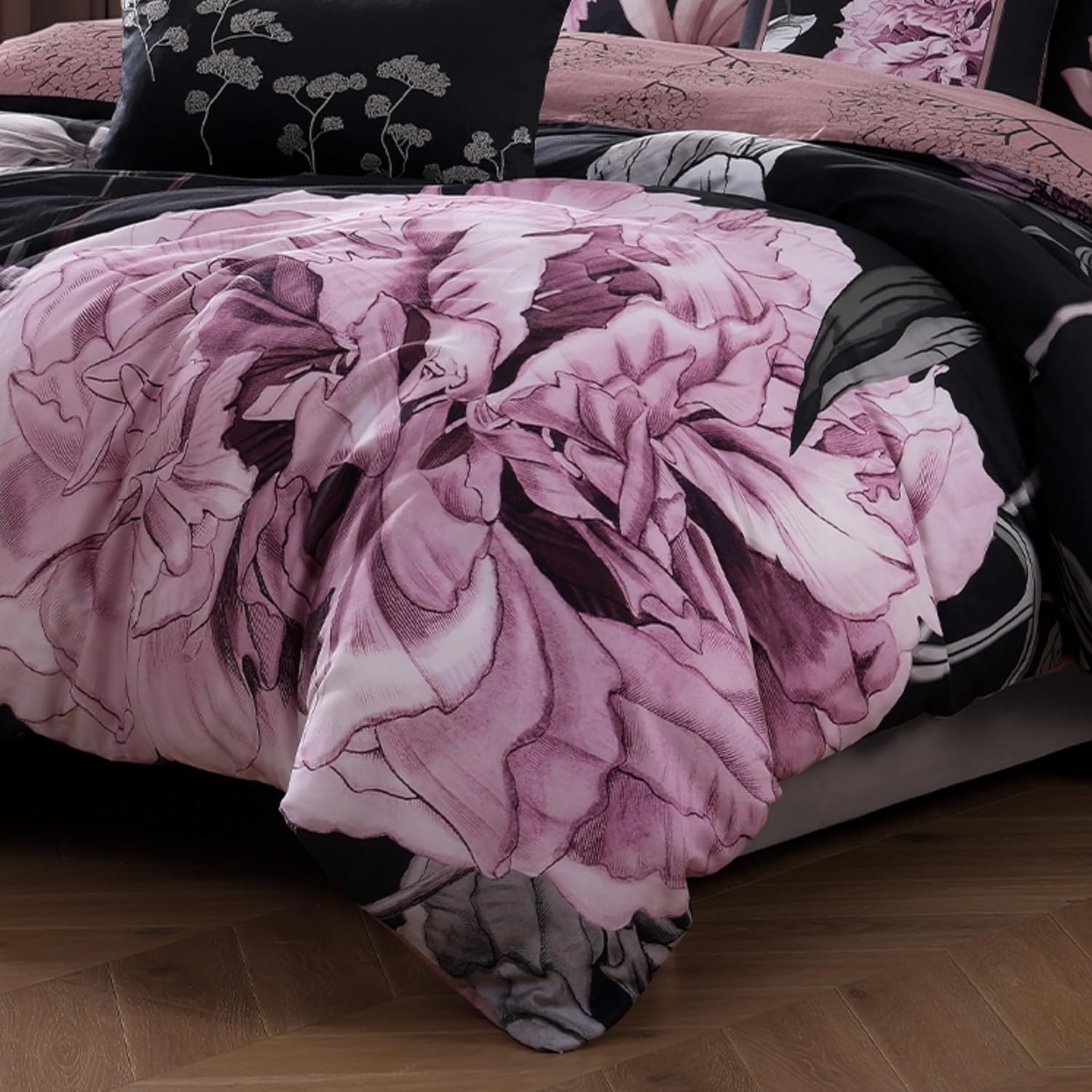 Bebejan Midnight Meadow 5 Piece Comforter Set, 100% Cotton Sateen, 220 Thread Count, Black Reversible Bedding Comforter Set, 1 Comforter, 2 Shams & 2 Pillows (Full/Queen)