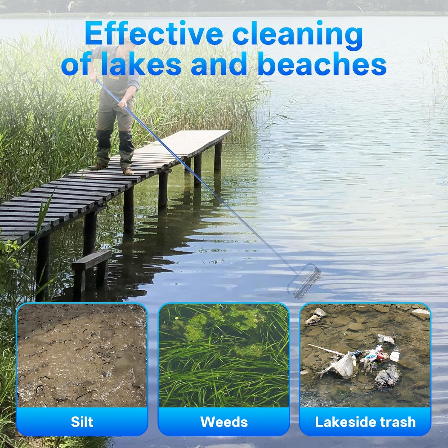 14ft Stainless Steel Lake Weed Roller, Beach Roller, Rid Weeds Roots and Muck Buildup, 4 Aluminum Handles, 6 Preassembled Stainless Steel Blades, Easy Assembly with Gloves Attached（3-Year Warranty）