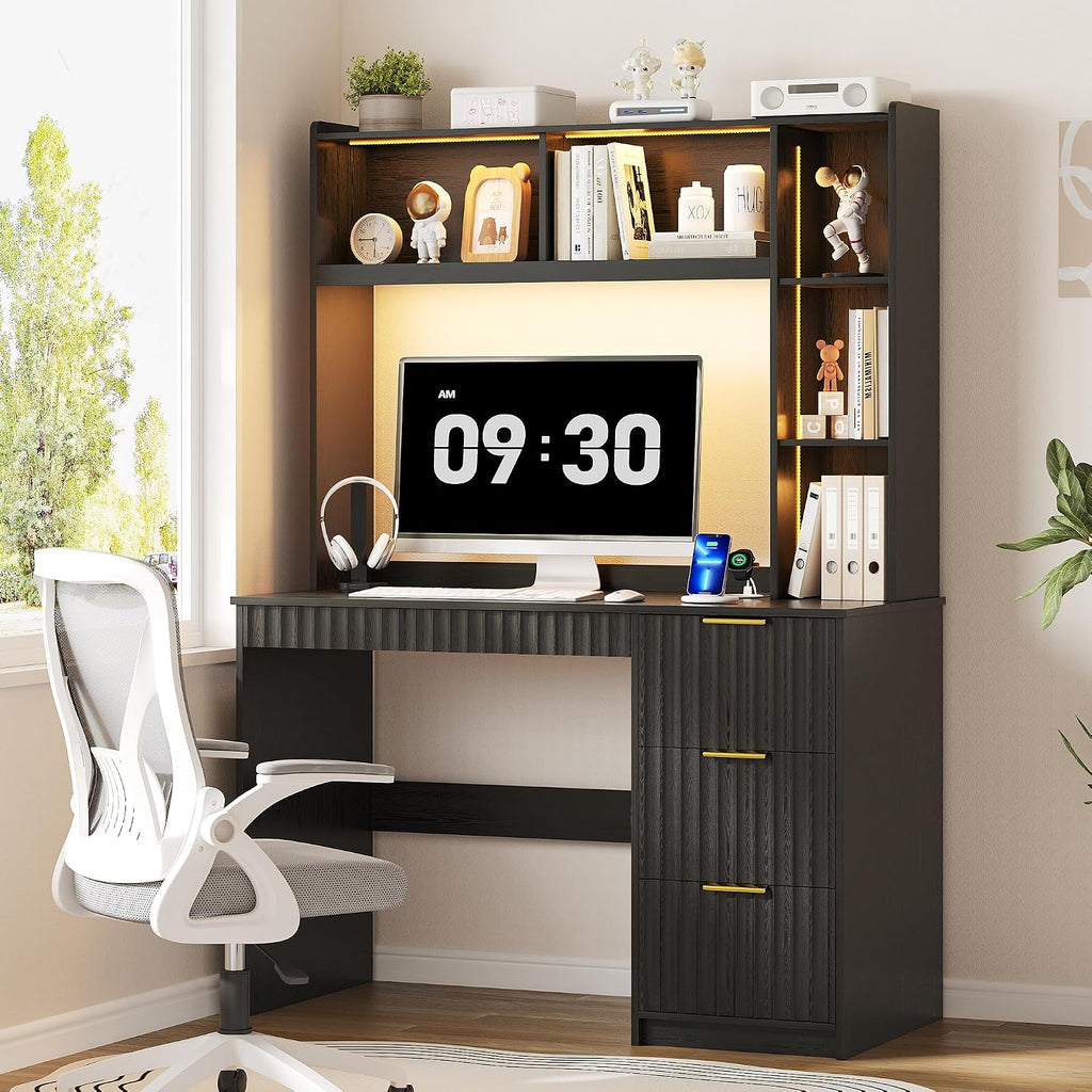 40' W Fluted Study Desk with Hutch and Storage Cabinet, Computer Desk with Power Outlet & LED Lights, Home Office Desk with Card-Based Lock for Study, Bedroom, Living Room, Retro Black