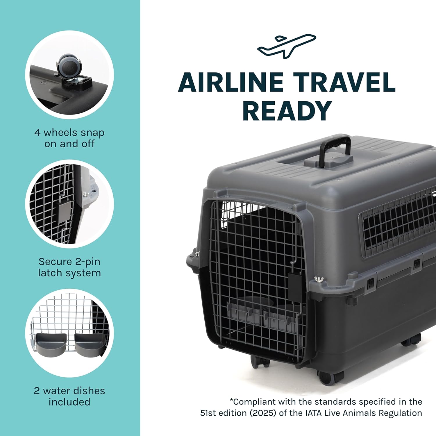 SportPet Airline Compliant MEDIUM 26.5' Travel Dog Kennel-Durable Plastic Airline Pet Carrier w/ Removable Wheels & Food Bowls, Collapsible Indoor/Outdoor Dog Kennel, Dogs up to 23'L & 15'H-Dark Gray