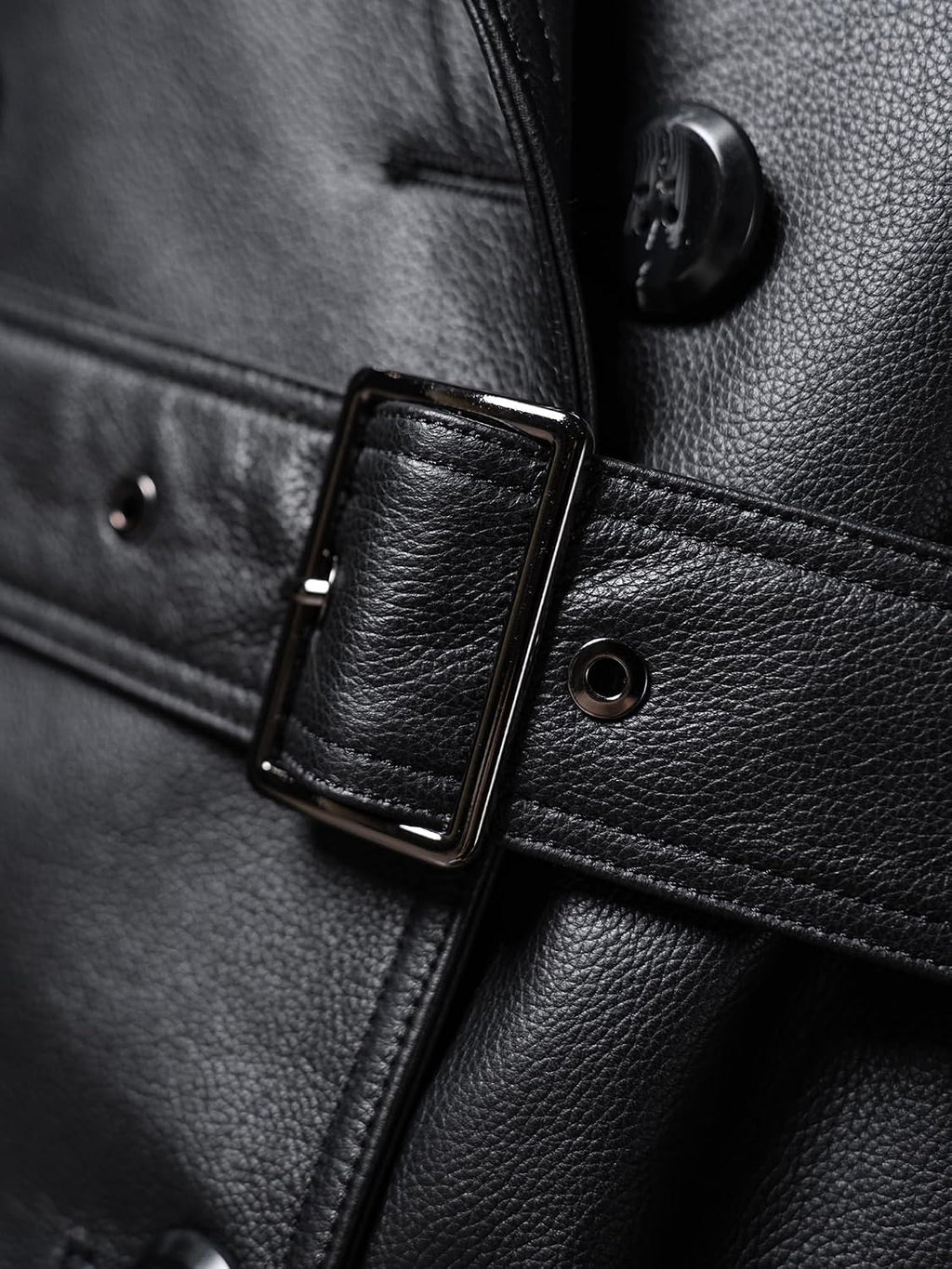 Men's Casual Long Leather Trench Coat, Slim Fit Double Breasted Notched Lapel Belt Black Full Length Jacket Overcoat