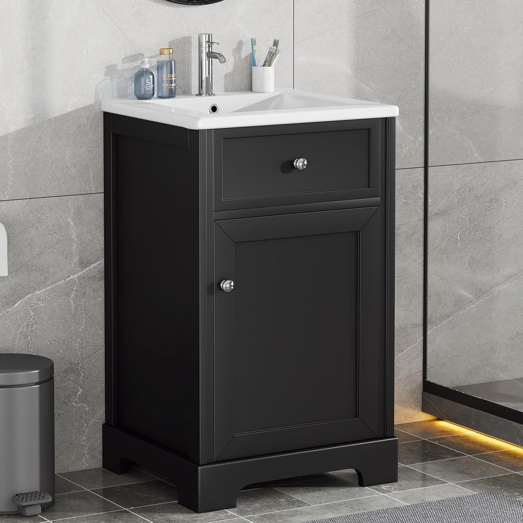 Flieks 20' Bathroom Vanity with Sink, Bathroom Cabinet with Soft Closing Door, Storage Rack and Adjustable Shelve, Black