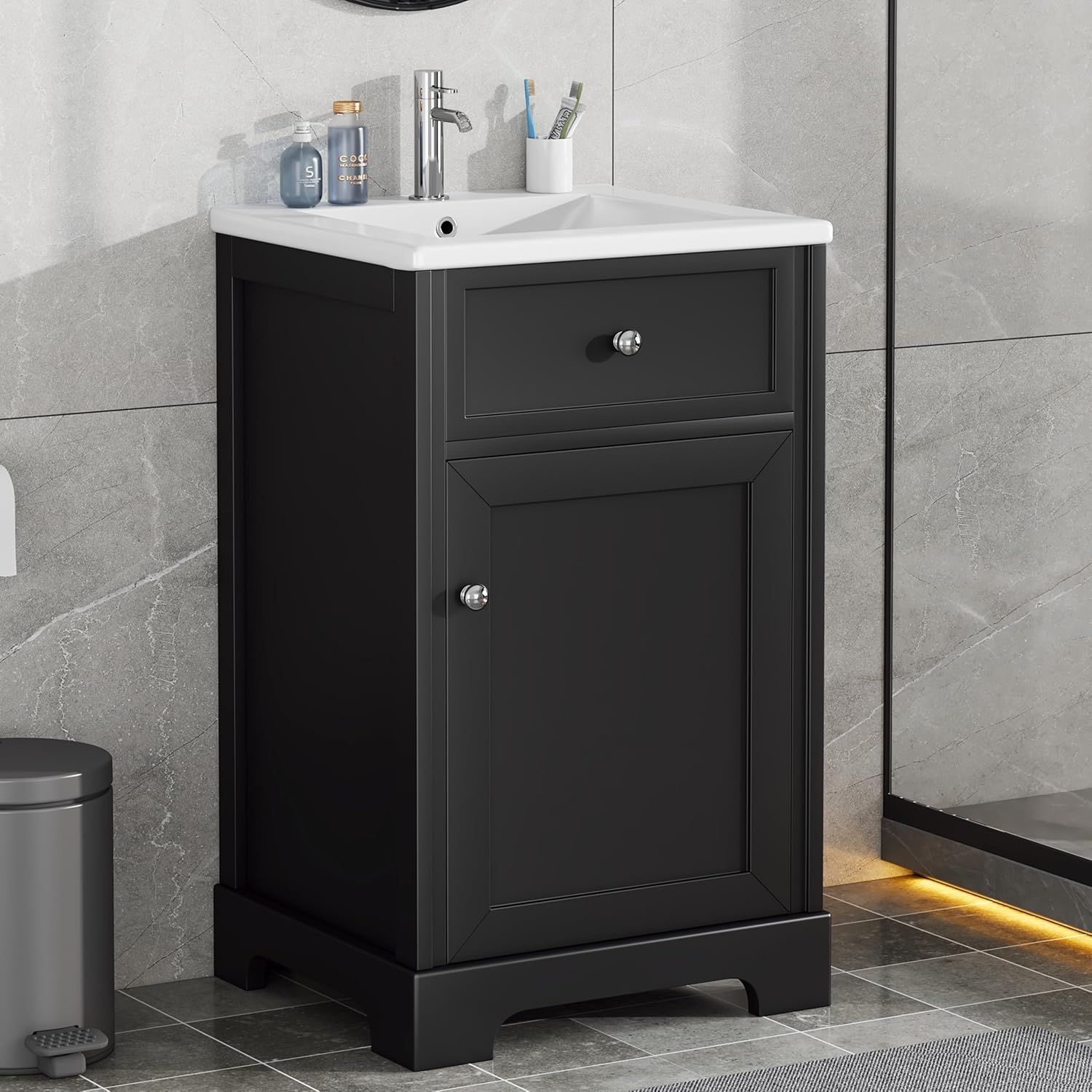 Flieks 20' Bathroom Vanity with Sink, Bathroom Cabinet with Soft Closing Door, Storage Rack and Adjustable Shelve, Black