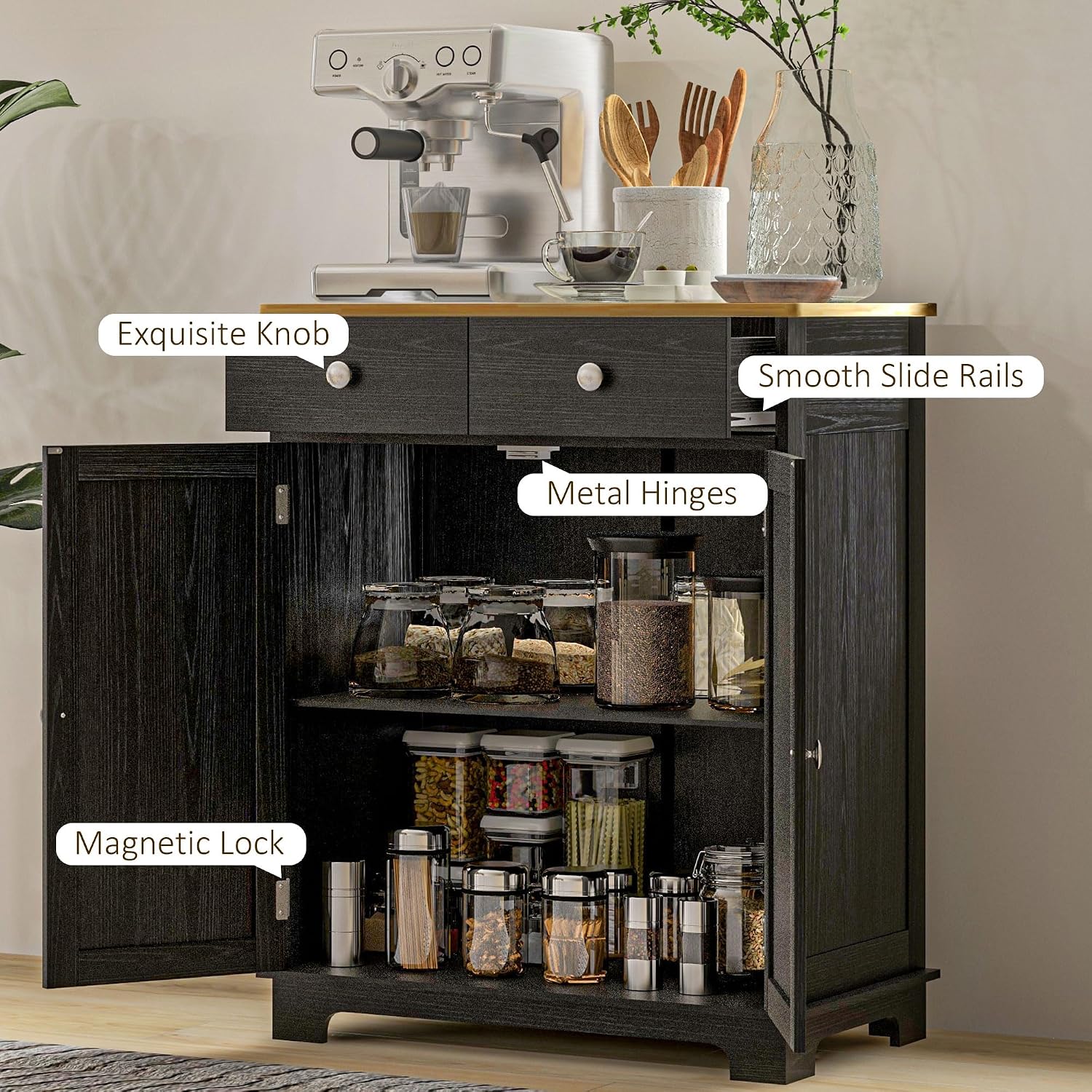 HOMCOM Sideboard Buffet Cabinet with Solid Wood Countertop, Modern Kitchen Storage Cabinet, Coffee Bar Cabinet with 2 Drawers, Doors and Adjustable Shelf, Distressed Black