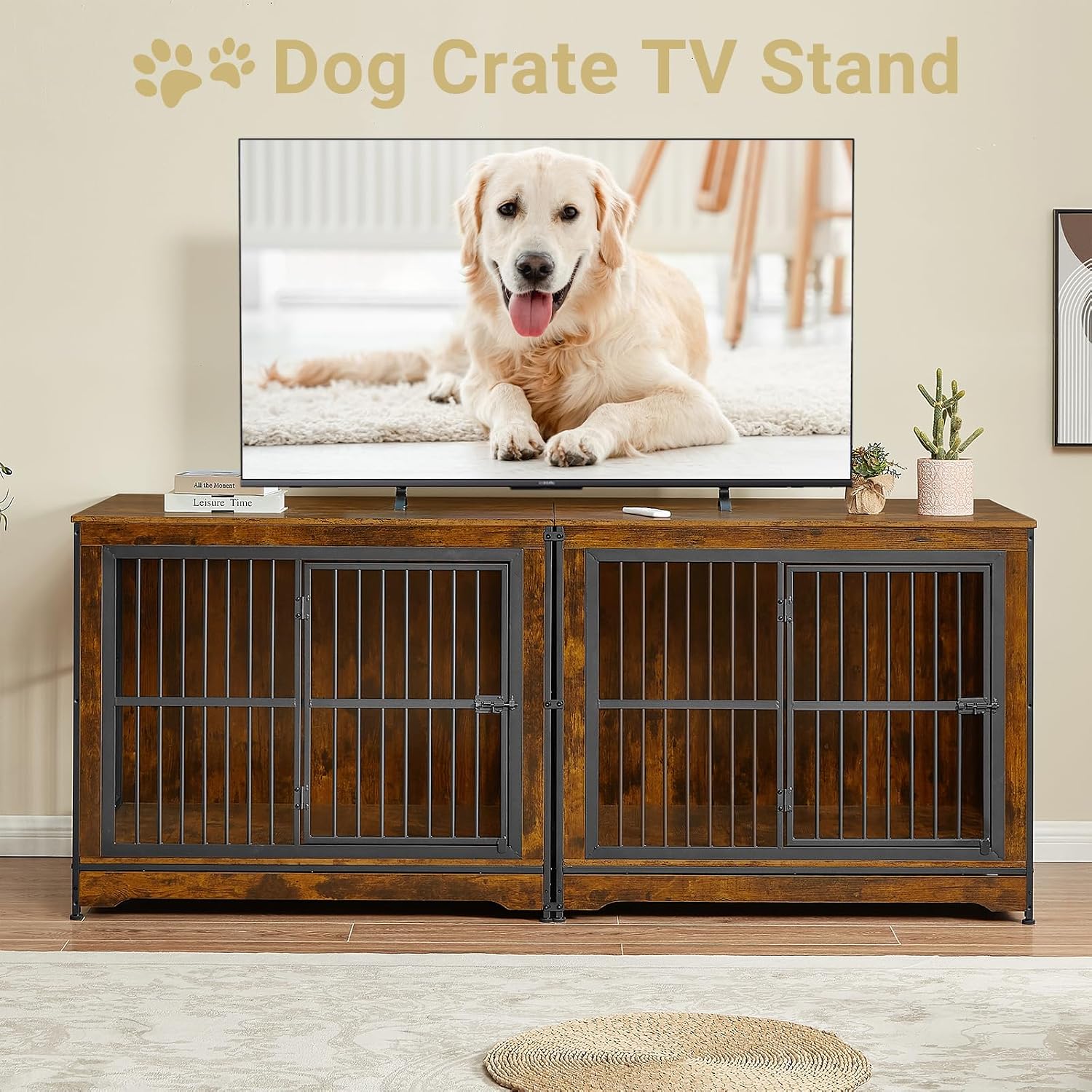Rovibek 86' Stackable Dog Kennel Furniture with Removable Divider & 3 Doors, Double Dog Crates Furniture for 2 Dogs, Corner Dog Crate Furniture, Rustic Brown