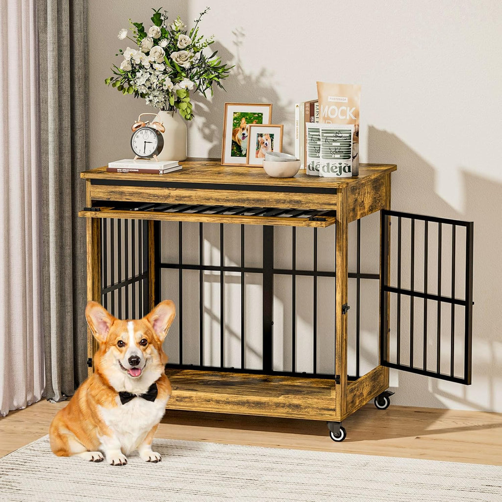 32' Dog Crate Furniture, Double Door Wooden Indoor Dog Kennel Furniture, Decorative Pet Cage End Table with Wheels for Medium and Small Breed Dogs, Size M, Rustic Brown