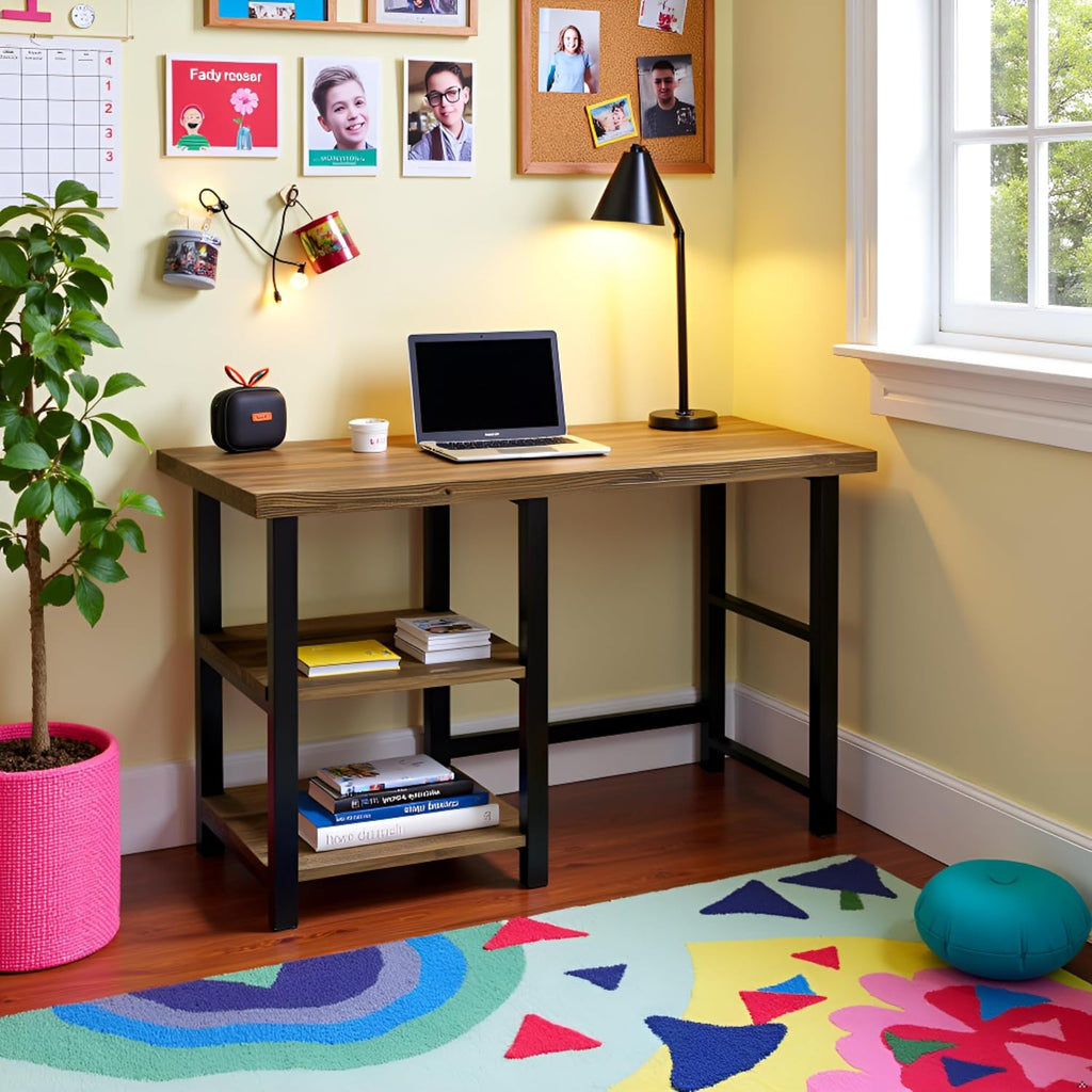 Alaterre Furniture Pomona 48-Inch Industrial Study Desk with Solid Pine Wood Top, 2 Open Shelves, and Metal Frame – Writing Desk with Floor Levelers for Home Office, Bedroom, or Dorm (Natural Finish)