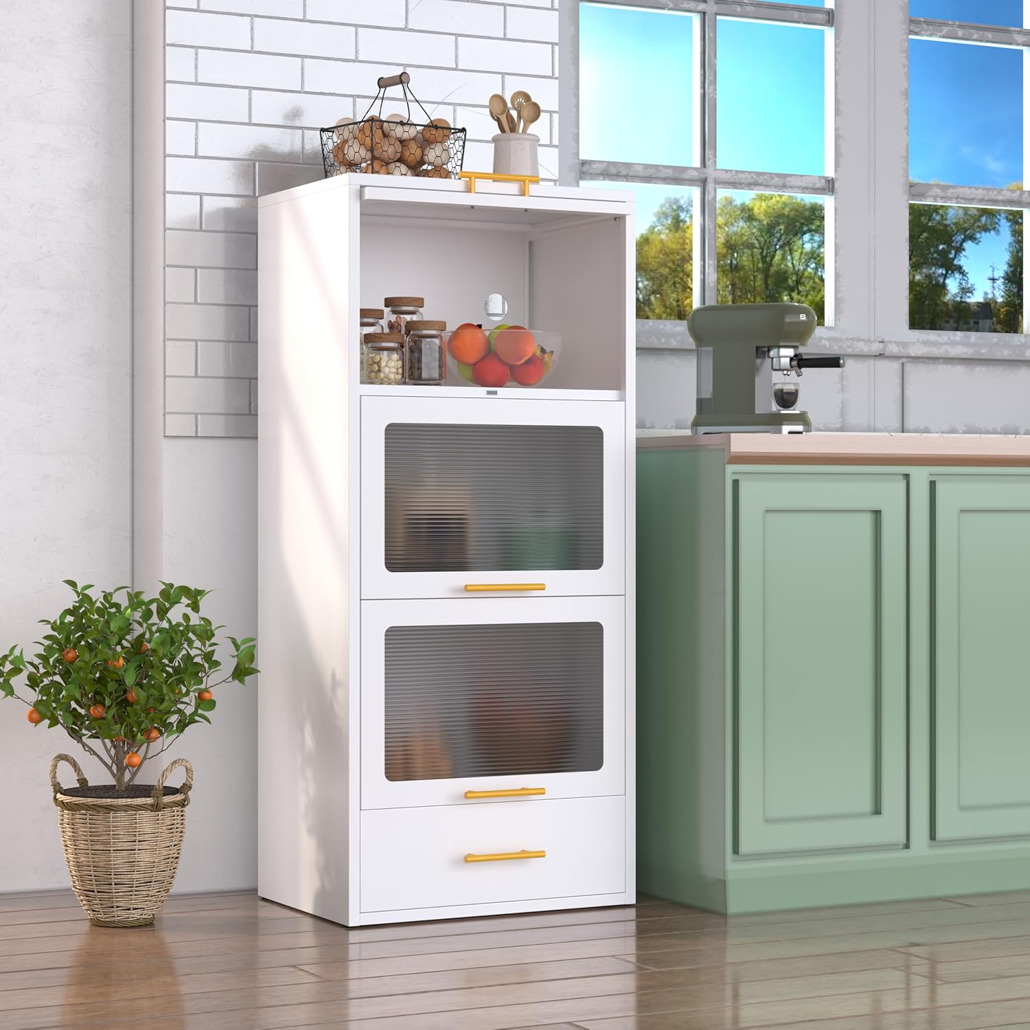 erosoei Metal Tall Narrow Bathroom Storage Cabinet，Slim Bathroom Storage Cabinet with Flip-up Acrylic Doors and Drawers，Pantry Cabinets for Kitchen, Bedroom, Living Room, Laundry Room