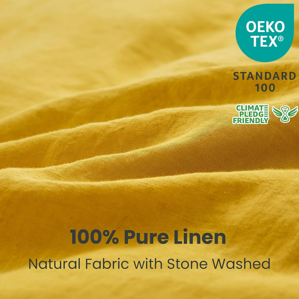 Simple&Opulence 100% Linen Duvet Cover Set 3pcs with Coconut Button Closure Natural French Washed Flax Solid Color Soft Breathable Farmhouse Bedding - Mustard Yellow, Queen Size