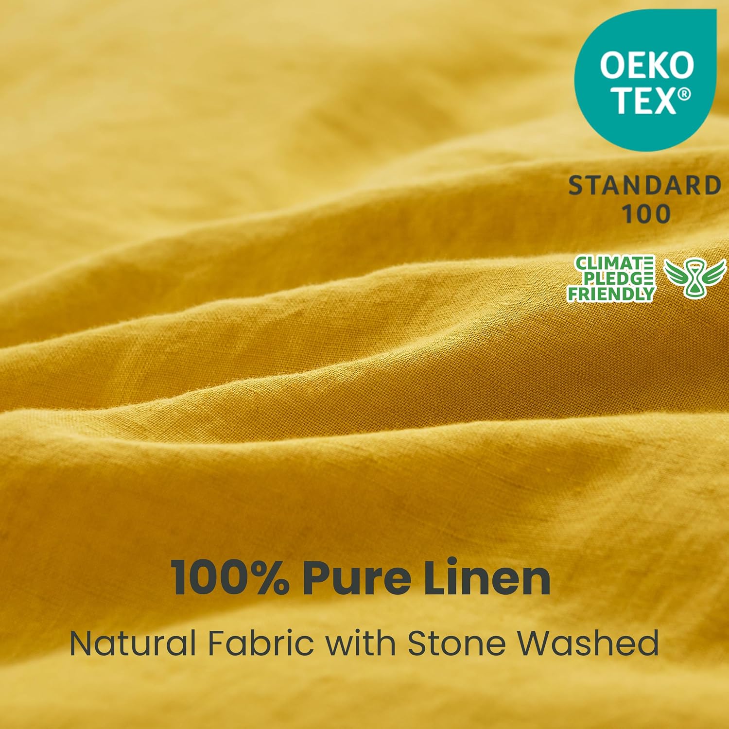 Simple&Opulence 100% Linen Duvet Cover Set 3pcs with Coconut Button Closure Natural French Washed Flax Solid Color Soft Breathable Farmhouse Bedding - Mustard Yellow, Queen Size