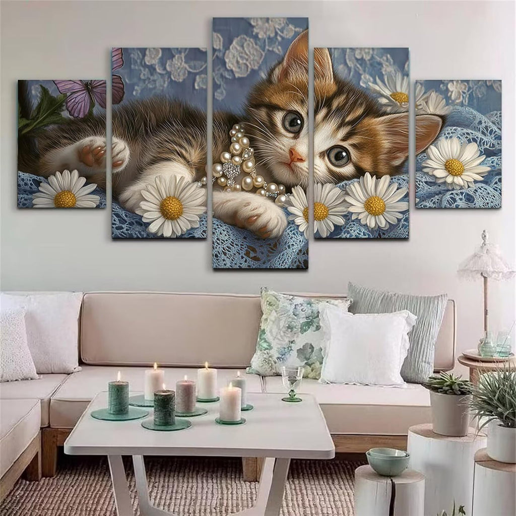 Daisy Diamond Art 5 Piece Diamond Painting Cat 5D Full Round Drill Dimond Art Paintings Crystal Rhinestones Crafts for Adults Gem Painting for Home Decor, Large Artwork for Wall 36 x 70 Inch, Model423
