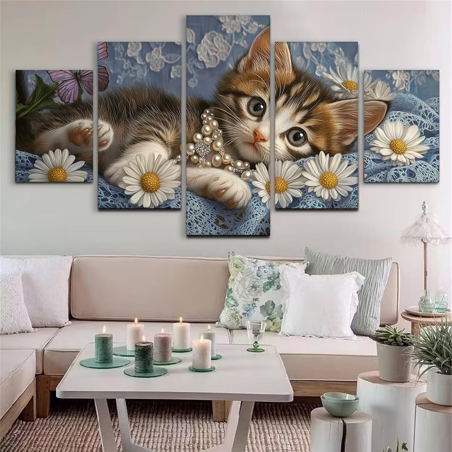 Daisy Diamond Art 5 Piece Diamond Painting Cat 5D Full Round Drill Dimond Art Paintings Crystal Rhinestones Crafts for Adults Gem Painting for Home Decor, Large Artwork for Wall 44 x 90 Inch, Model423
