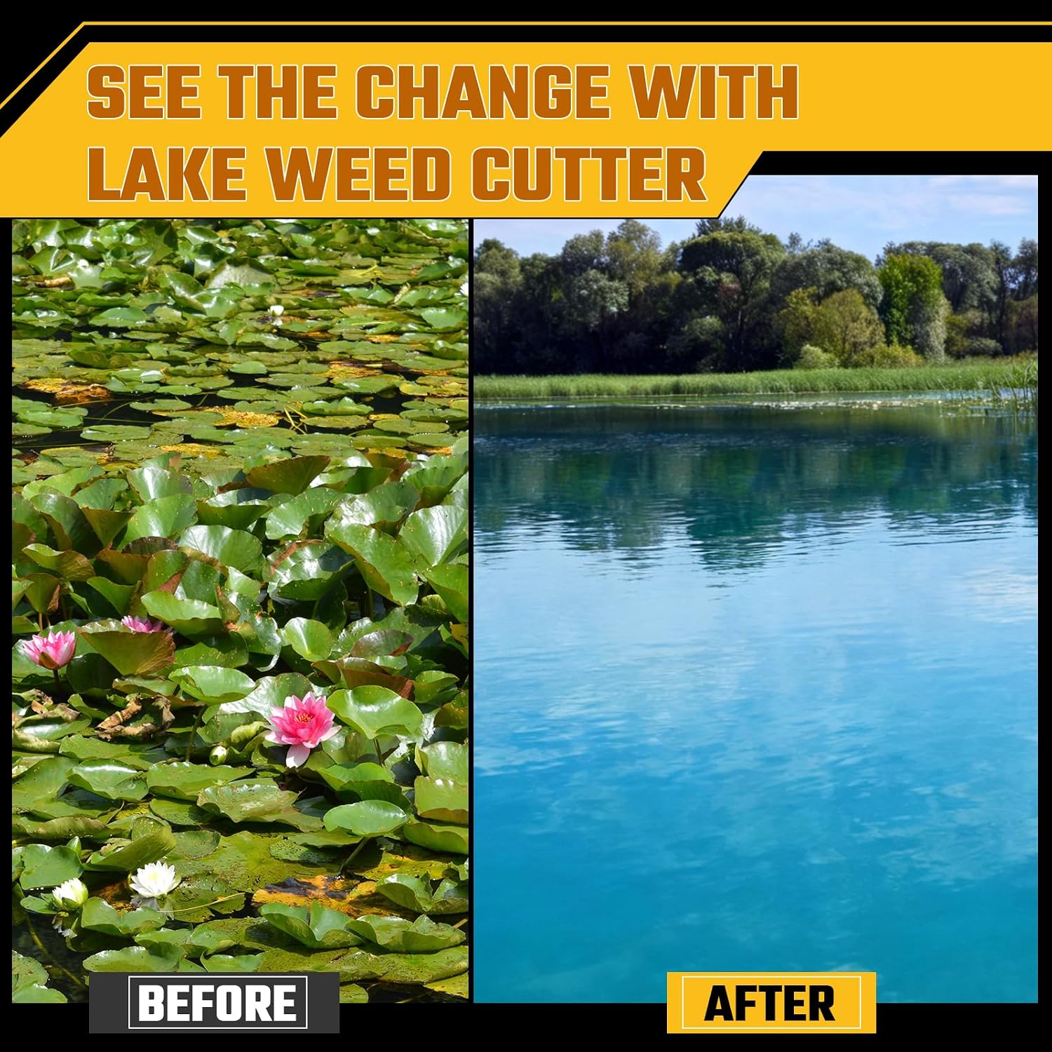 Buzzlett Lake Weed Cutter, 48-Inch Cutting Width, Aquatic Cutting Tool for Lakes & Ponds, Sharp Stainless Steel Blades, Rust-Proof, 28-Foot Throw Rope, Cuts Lily Pads, Algae & Reed