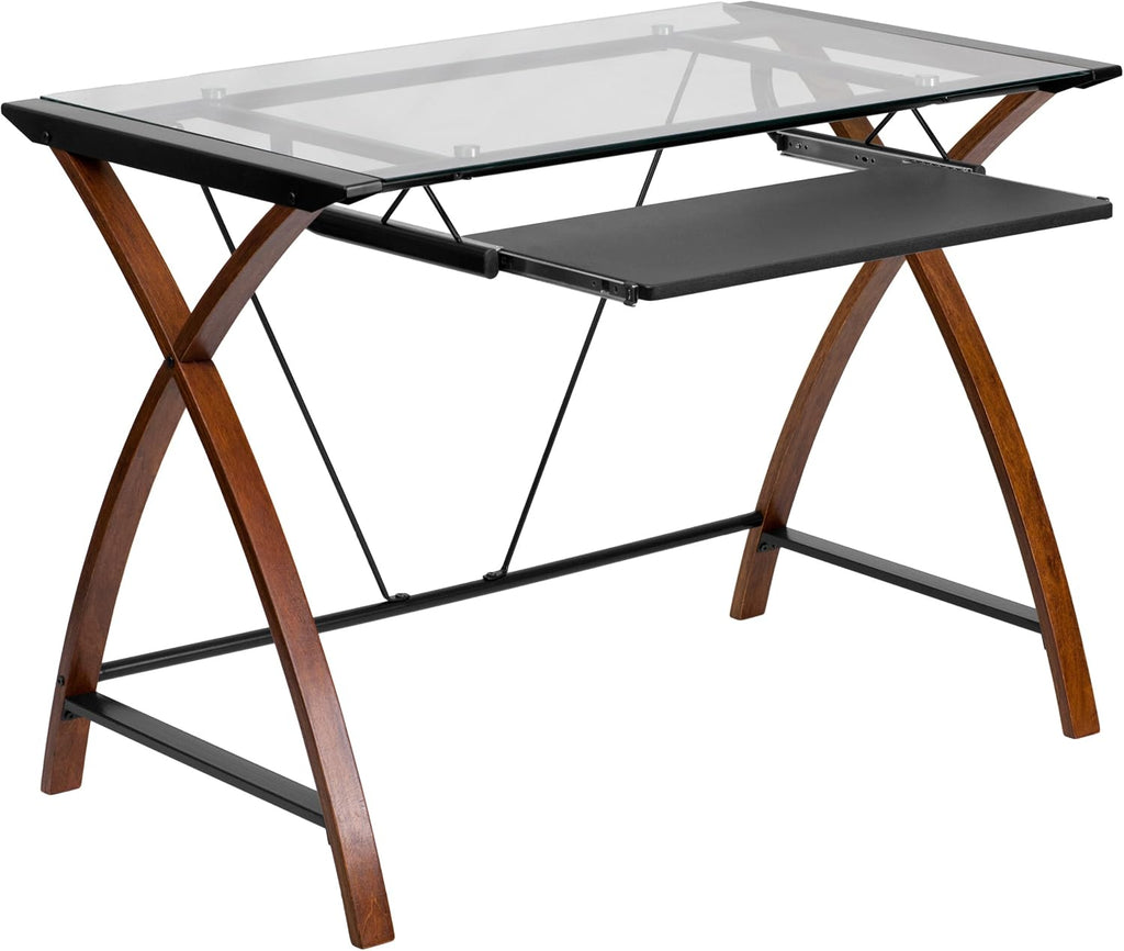 Flash Furniture Jude Tempered Glass Computer Desk with Pull-Out Keyboard Tray and Crisscross Frame, Small Computer Desk for Home Office, Cherry/Clear