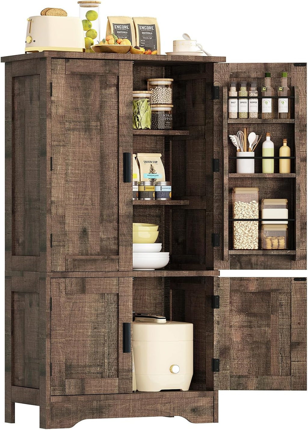 TEENFON Storage Cabinet with 4 Doors, 43.3' H Farmhouse Kitchen Cabinet with 6 Door Shelves, Kitchen Storage Cabinets with Adjustable Shelves, for Living Room, Antique Oak