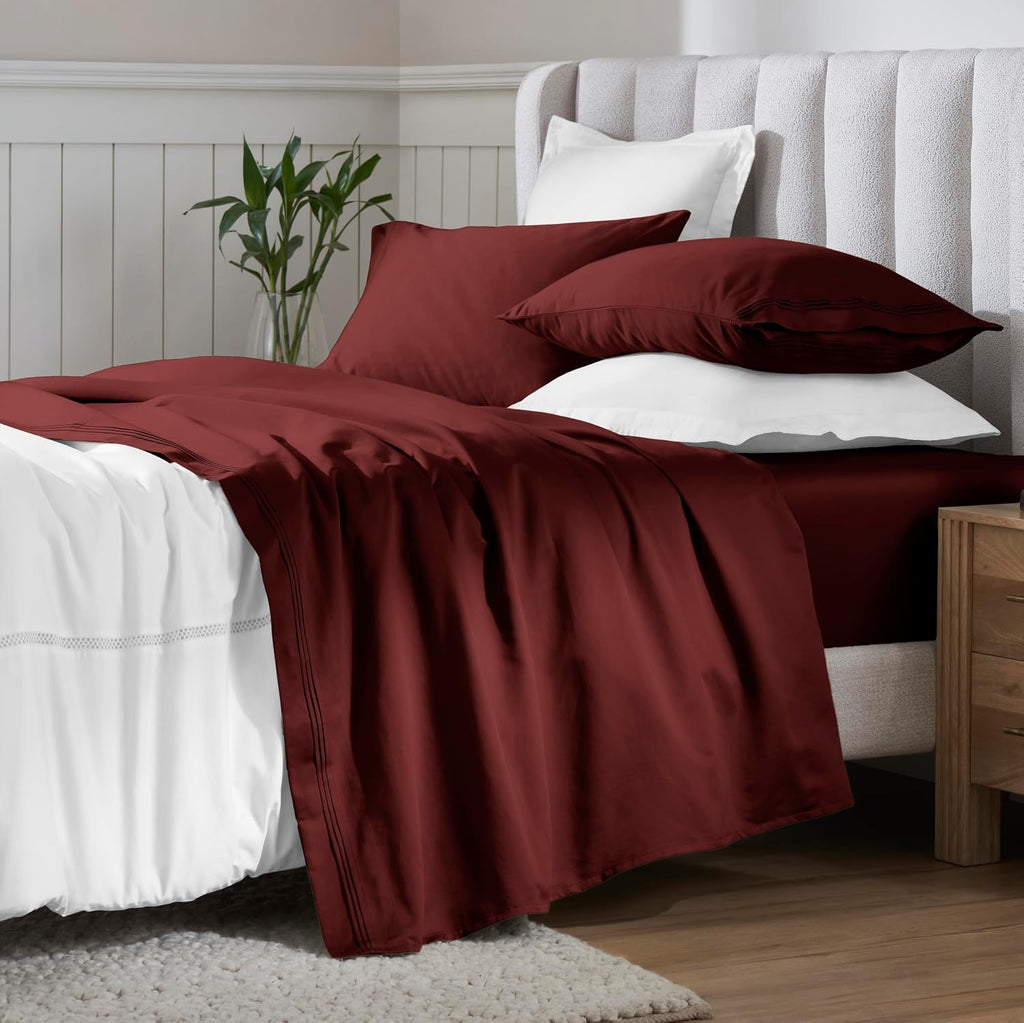 Superior Egyptian Cotton 4 Piece Sheet Set, 650 Thread Count, Eco-Friendly, Sustainable Sheets, Ultra-Soft Basics, Solid, Deep Pocket Fitted Sheet, Flat Sheet, Pillowcases, Queen, Burgundy
