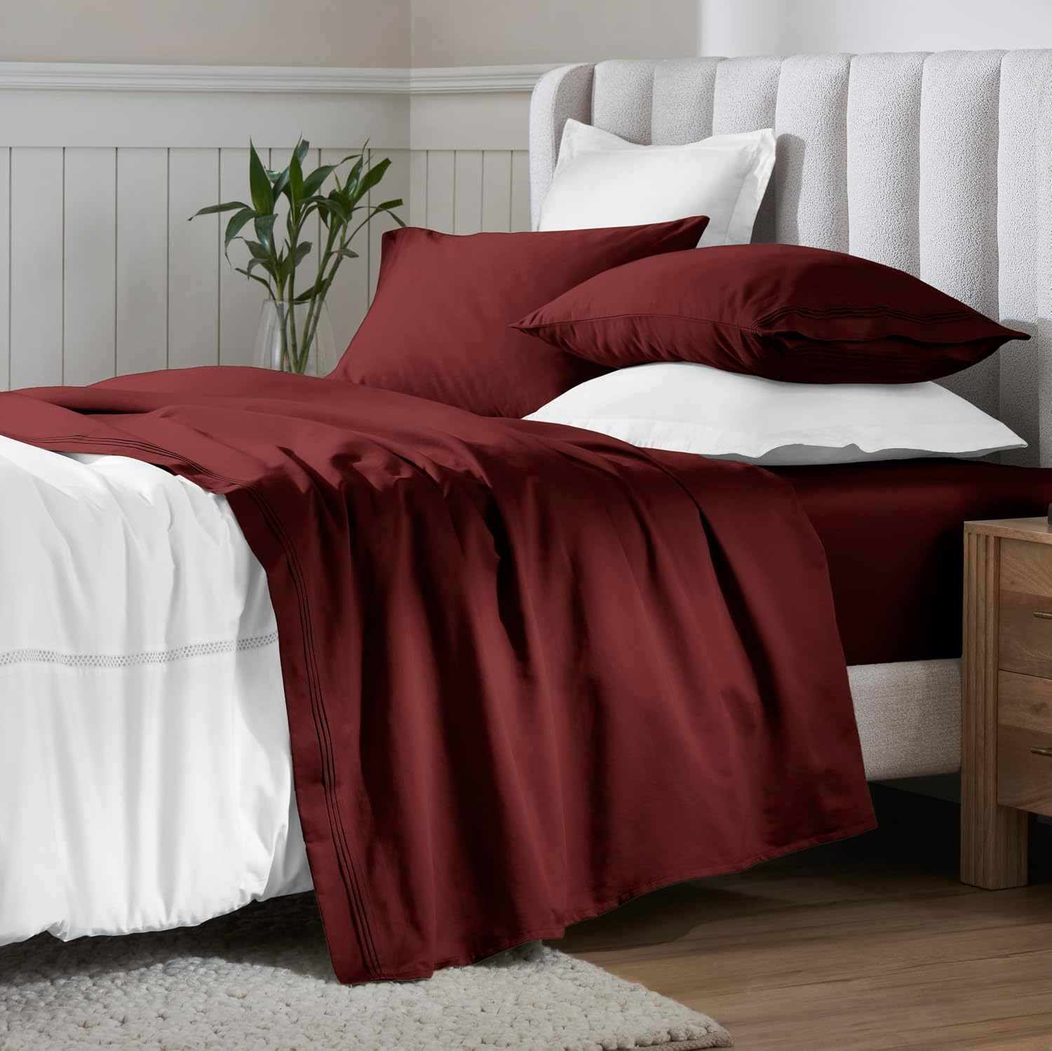 Superior Egyptian Cotton 4 Piece Sheet Set, 650 Thread Count, Eco-Friendly, Sustainable Sheets, Ultra-Soft Basics, Solid, Deep Pocket Fitted Sheet, Flat Sheet, Pillowcases, Queen, Burgundy