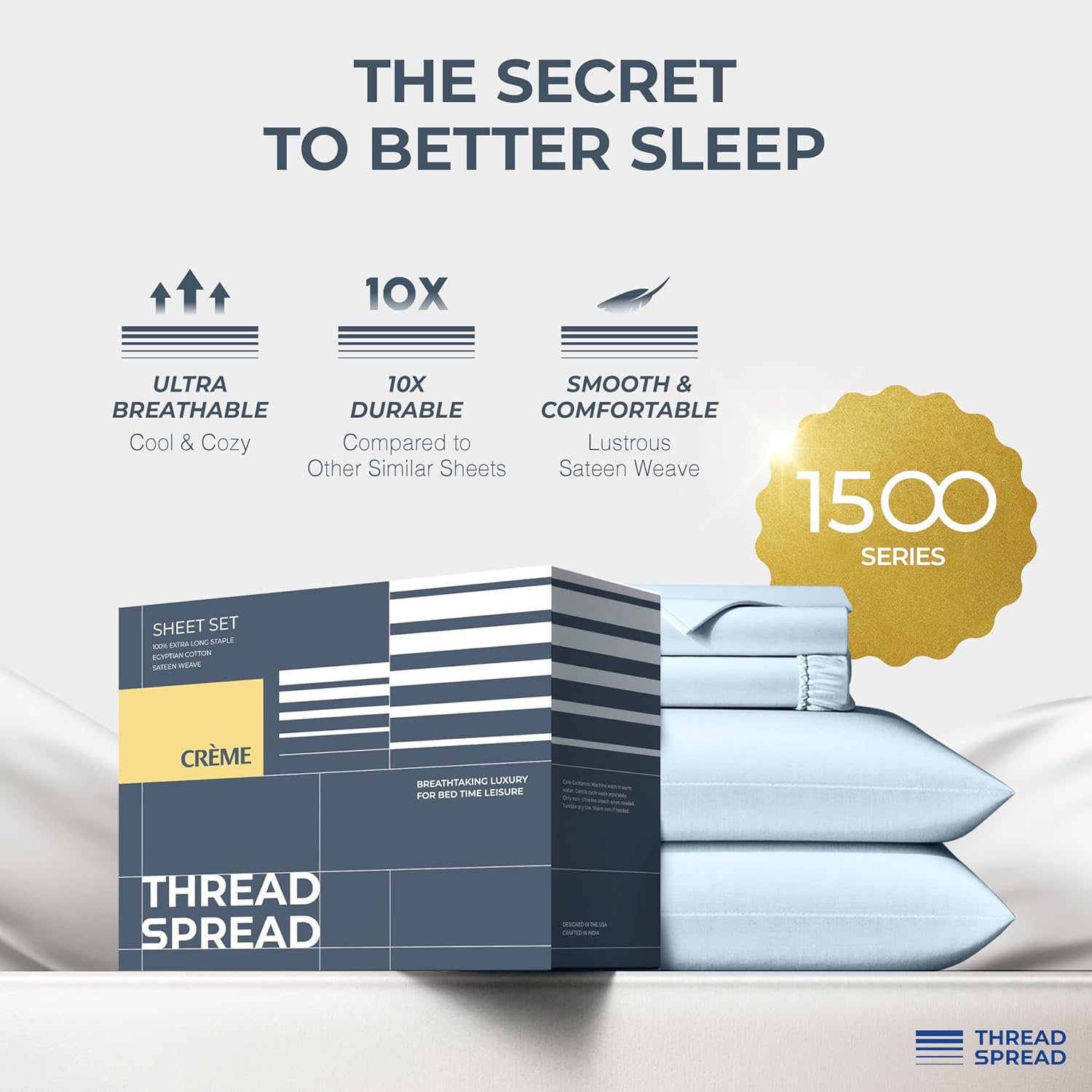 THREAD SPREAD 100% Egyptian Cotton Sheets Queen Size - Luxury 1500 Series Queen Sheet Set Egyptian Cotton (4 PC, Light Blue), Silky Soft, Sateen Weave, Cooling & Breathable, 17' Deep Pocket Bed Set