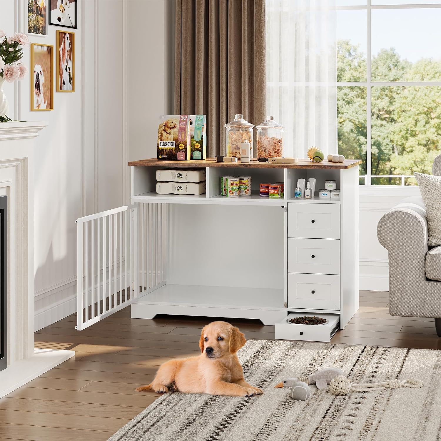 GarveeLife 48'' Dog Crate Furniture, Farmhouse Heavy Duty Dog Kennel with Bowl & Storage Drawers, Medium Dog Cage End Table for Small Medium Dogs, White