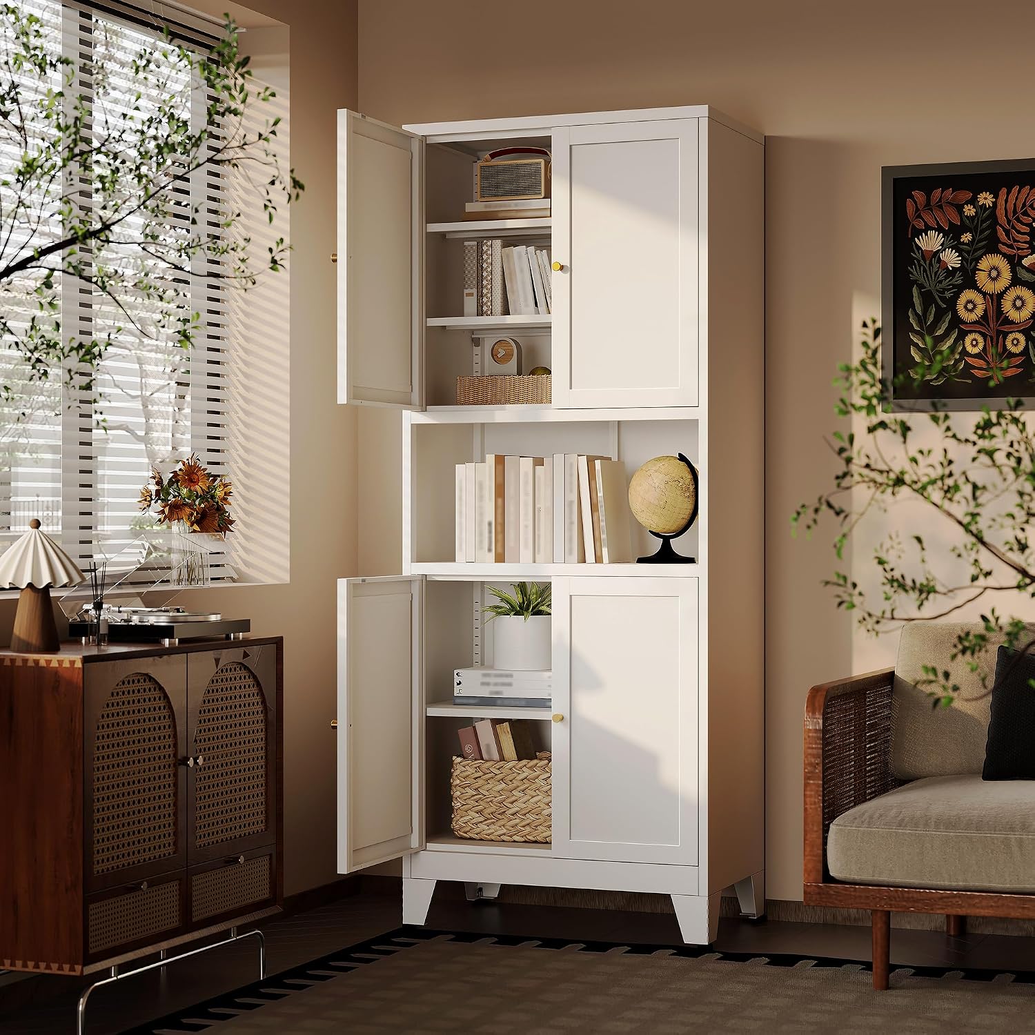 69' H Kitchen Hutch Cabinet with Storage,White Metal Storage Cabinet,Microwave Cabinet,Kitchen Pantry Cabinet with Countertop
