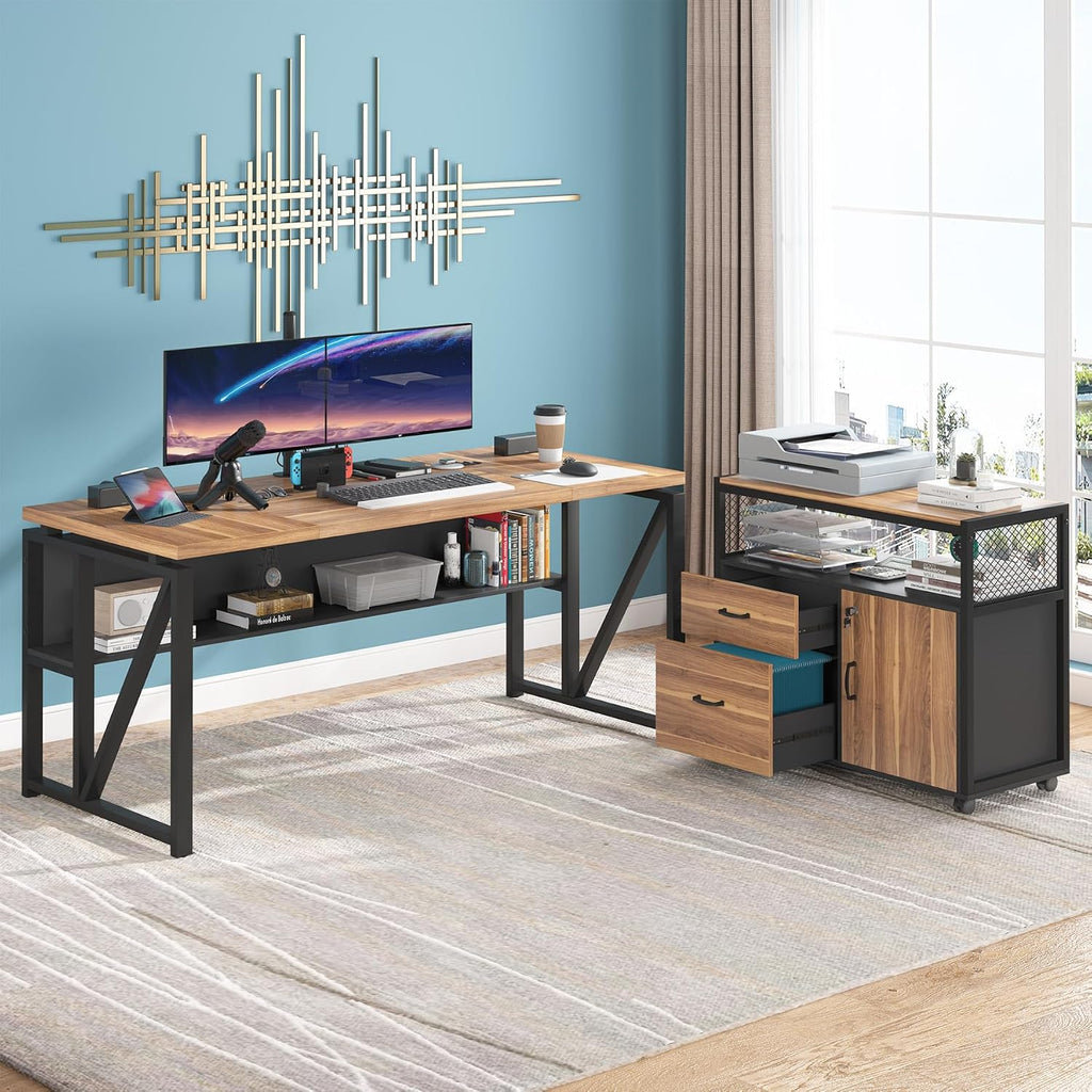 Tribesigns 63' Executive with Drawer Cabinet, L Shaped Desk and Lock lateral File Cabinet, 2 Piece Home Office Furniture Set with Drawers for Hanging File, (Brown, 63 inches)