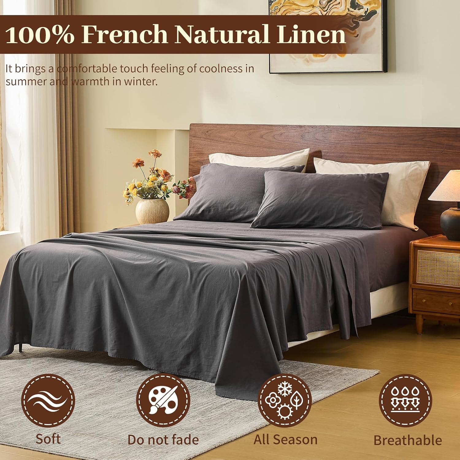 MEISHANG 100% French Pure Linen Sheets King Size - Bed Sheets 4 Piece Sets, Soft Durable Flax Linen, Anti-Tear Breathable Oeko-Tex Certified with 16' Deep Pocket (Dark Grey)