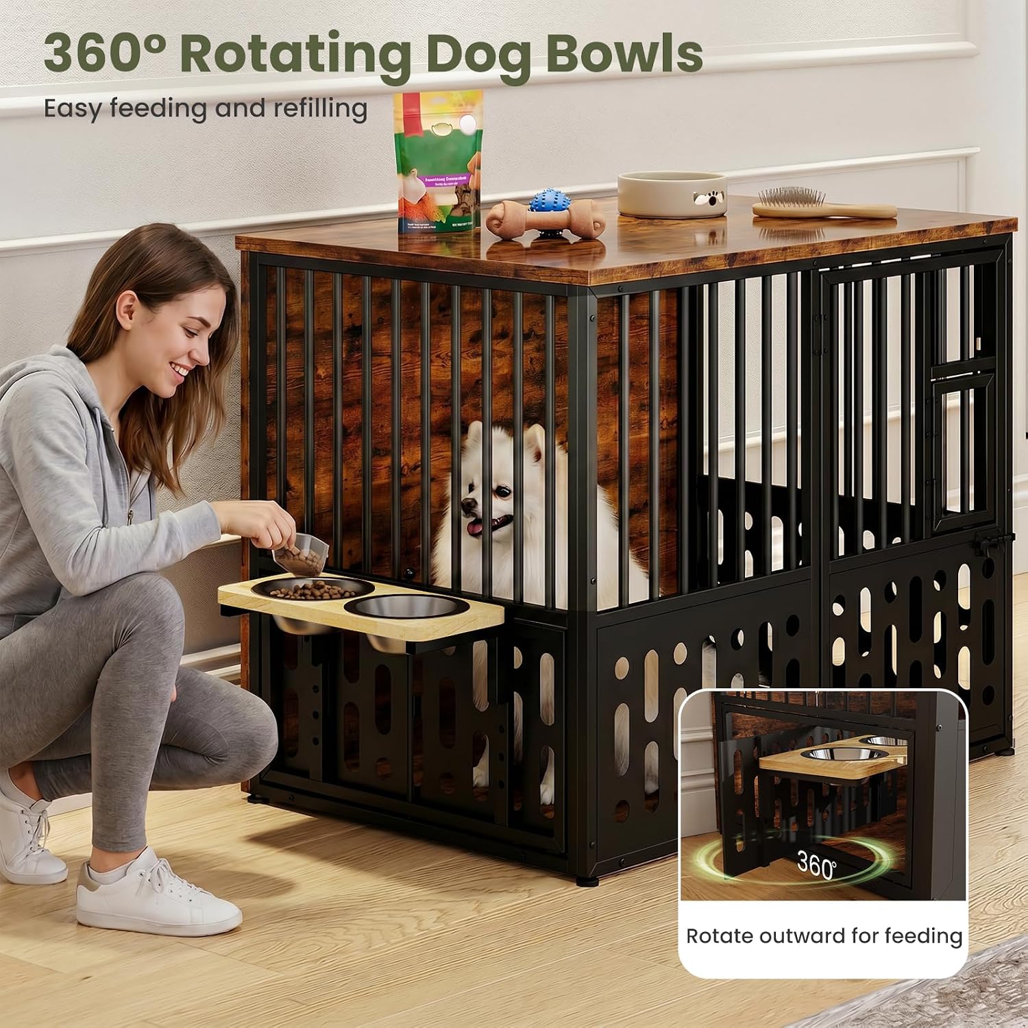 Yafylly 32 Inch Small Dog Crate, Wood Dog Crate Furniture for Small Medium Dogs, Interactive Window, 360° Rotating Adjustable Bowls, Decorative End Table Dog Kennel, Heavy Duty Small Dog Cage, Brown