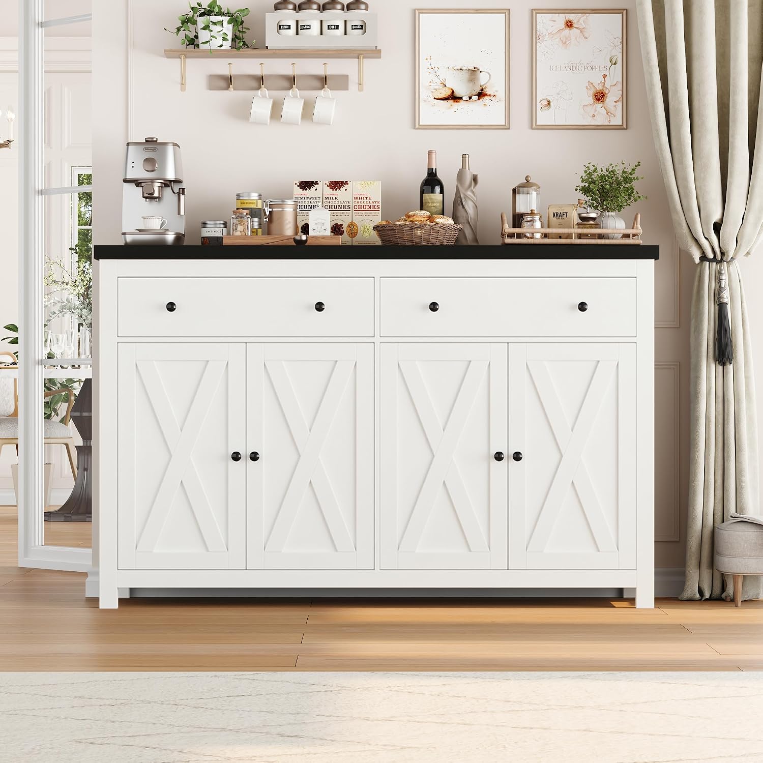 FOTOSOK Sideboard Buffet Cabinet with Storage, 55' Large Kitchen Storage Cabinet with 2 Drawers and 4 Doors, Wood Coffee Bar Cabinets Buffet Table for Kitchen Dining Room, White and Black