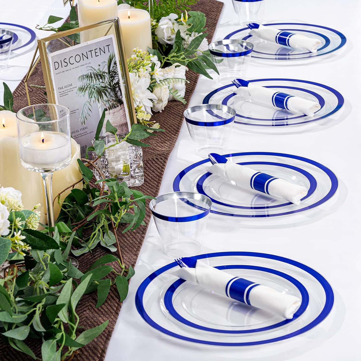 I00000 700 Piece Blue Plastic Dinnerware Set for Party, Clear Disposable Plates for 100 Guests, Include: 100 Dinner Plates, 100 Dessert Plates, 100 Pre Rolled Napkins with Cutlery Set, 100 Cups