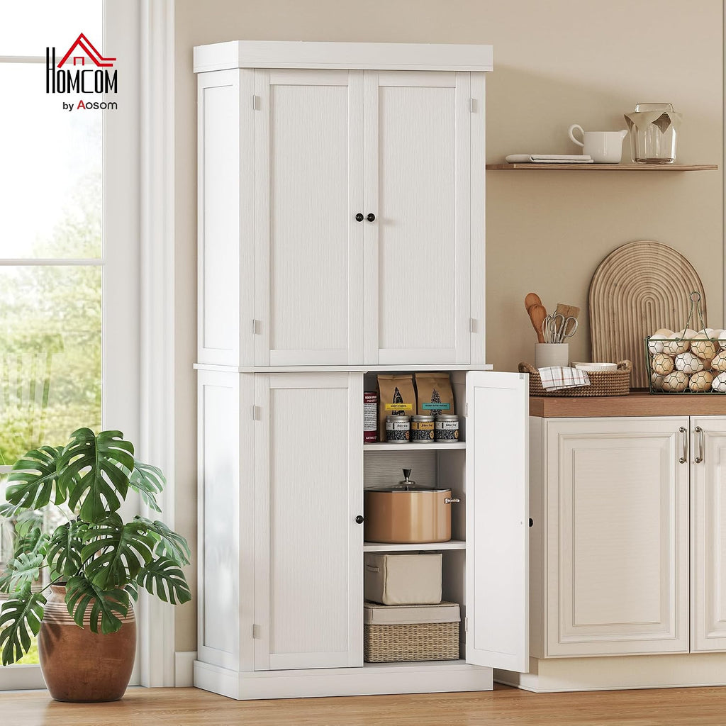 HOMCOM 72.5' Tall Kitchen Pantry Cabinet, Freestanding Modern Farmhouse Kitchen Storage Cabinet with 4 Doors and 2 Adjustable Shelves for Dining Room, White Wood Grain