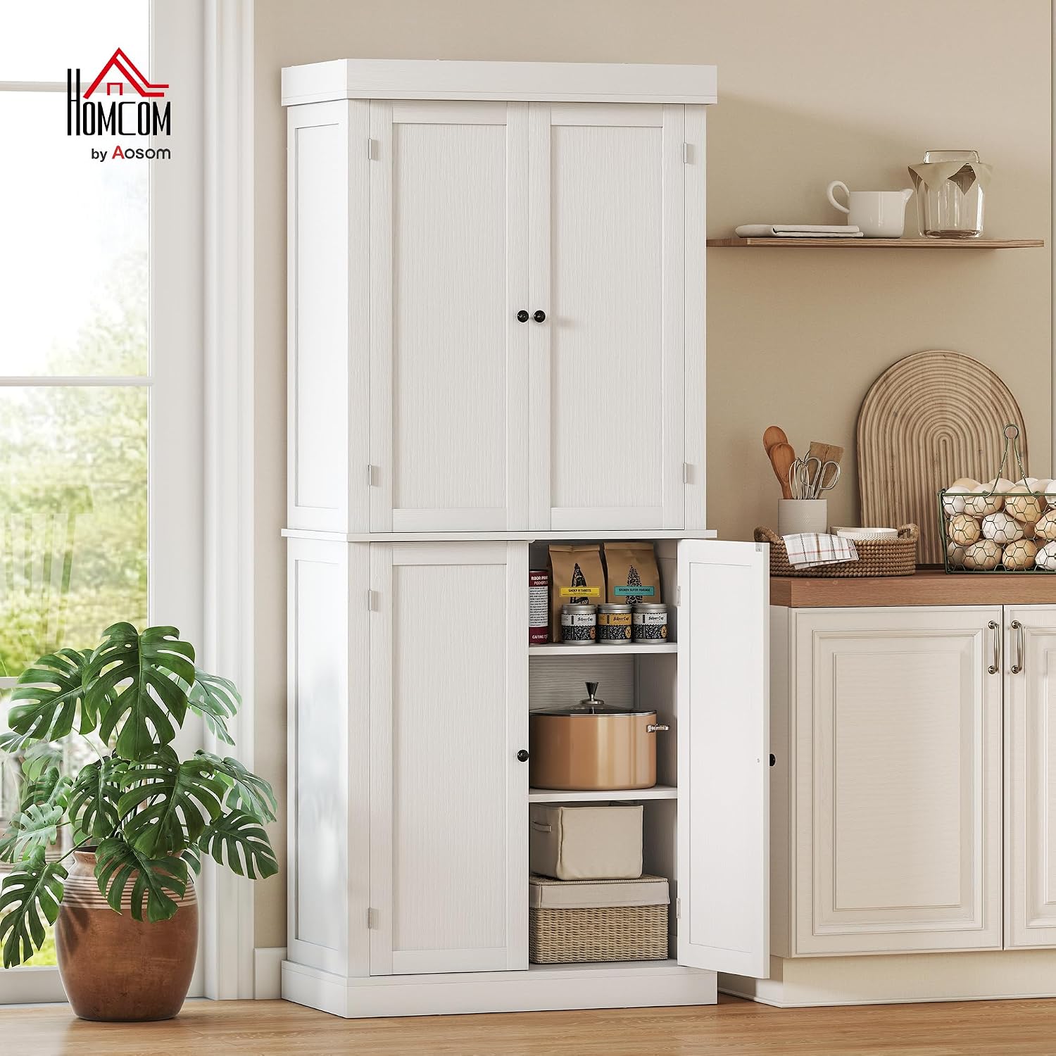 HOMCOM 72.5' Tall Kitchen Pantry Cabinet, Freestanding Modern Farmhouse Kitchen Storage Cabinet with 4 Doors and 2 Adjustable Shelves for Dining Room, White Wood Grain