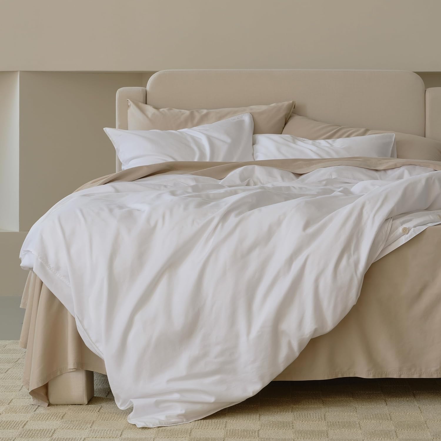 Double Stitch Cotton Tencel Duvet Cover - Queen Size Comforter Cover, Luxury & Soft Eucalyptus Lyocell Bedding Set for Hot Sleepers, Cooling & Breathable, Button Closure, Bright White, 90'x90'