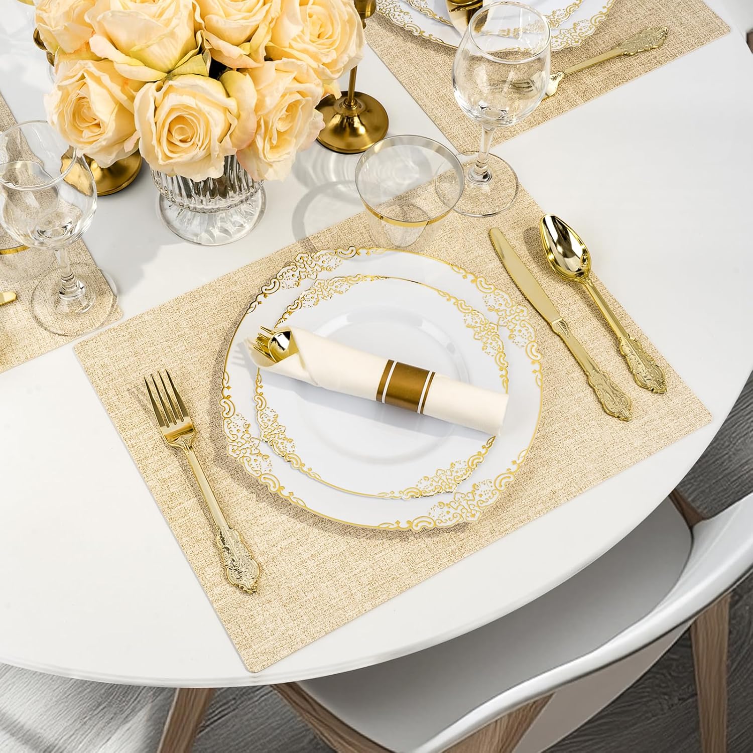 Bestluck 700PCS Gold Plastic Plates for 100 Guests, Disposable Dinnerware Sets Include 200 Gold Rim Plastic Plates, 100 Silverwares, 100 Cups, and 100 Pre Rolled Napkins for Party, Wedding, Graduation