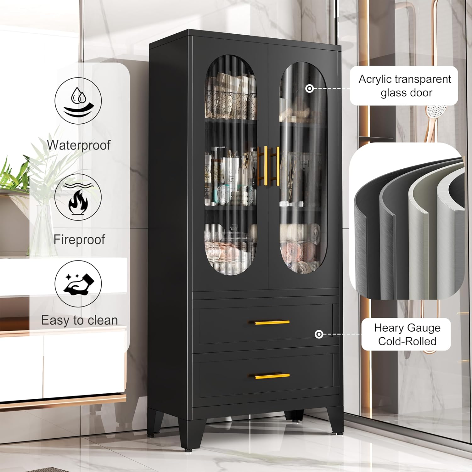 erosoei 61.02'H Metal Pantry Storage Cabinet with Drawer,Pantries Cabinets with Acrylic Glass Doors and Adjustable Shelves,Cupboard for Kitchen, Laundry Room,Living Room,Bathroom,Dinning Room