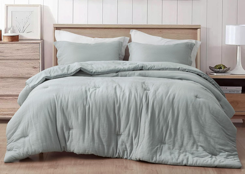 Chezmoi Collection Breeze 3-Piece 100% Cotton Muslin King Comforter Set, Light Blue-Gray Soft Washed Cotton Gauze Comforter, Lightweight Breathable Reversible 240GSM Fill Summer Bedding