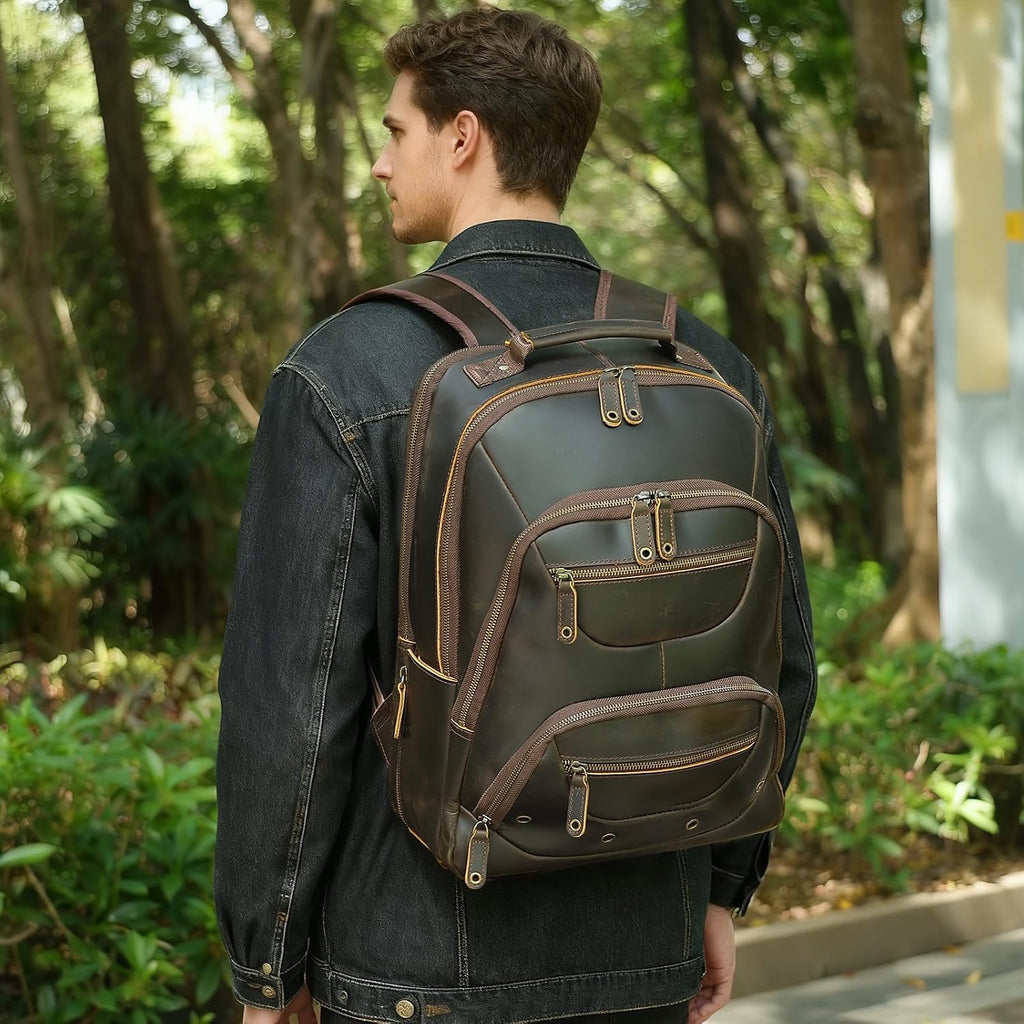 TIDING Leather Laptop Travel Backpack for Men Fits 15.6' 16' Computer, Large Business Work Bag Vintage Overnight Weekender Daypack Camping Rucksack
