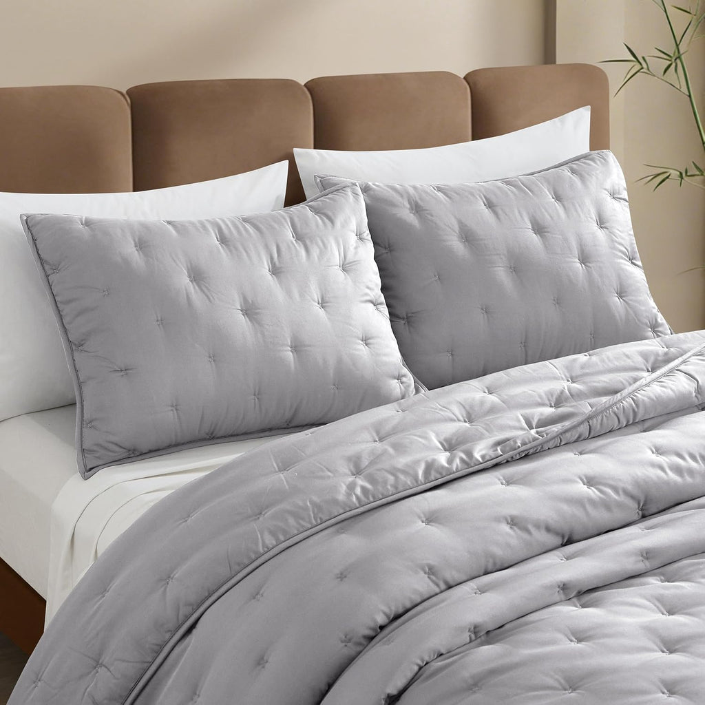 100% Viscose Derived from Bamboo Quilt Set, Soft Dreamer Cross Stitch Bedding, All Season Down Alternative Comforter with 4 Corner Loops, 3-Piece Set, Full/Queen, Silver Grey