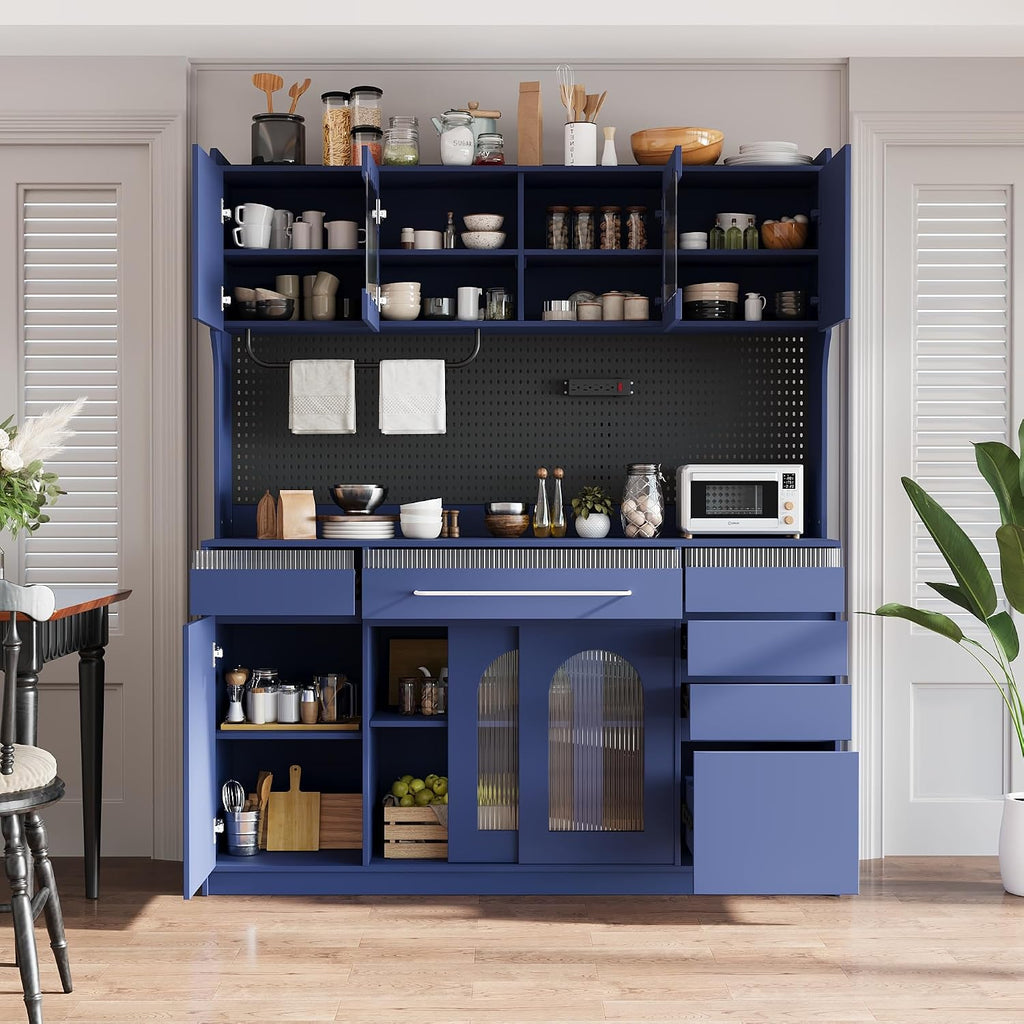 63'' W Buffet Cabinet with Hutch, Large Coffee Bar Storage Cabinet with 6 Drawers, Kitchen Pantry Sideboard with 5 Cabinets and Adjustable Shelves, Pegboard, Towel Rack, Power Outlet