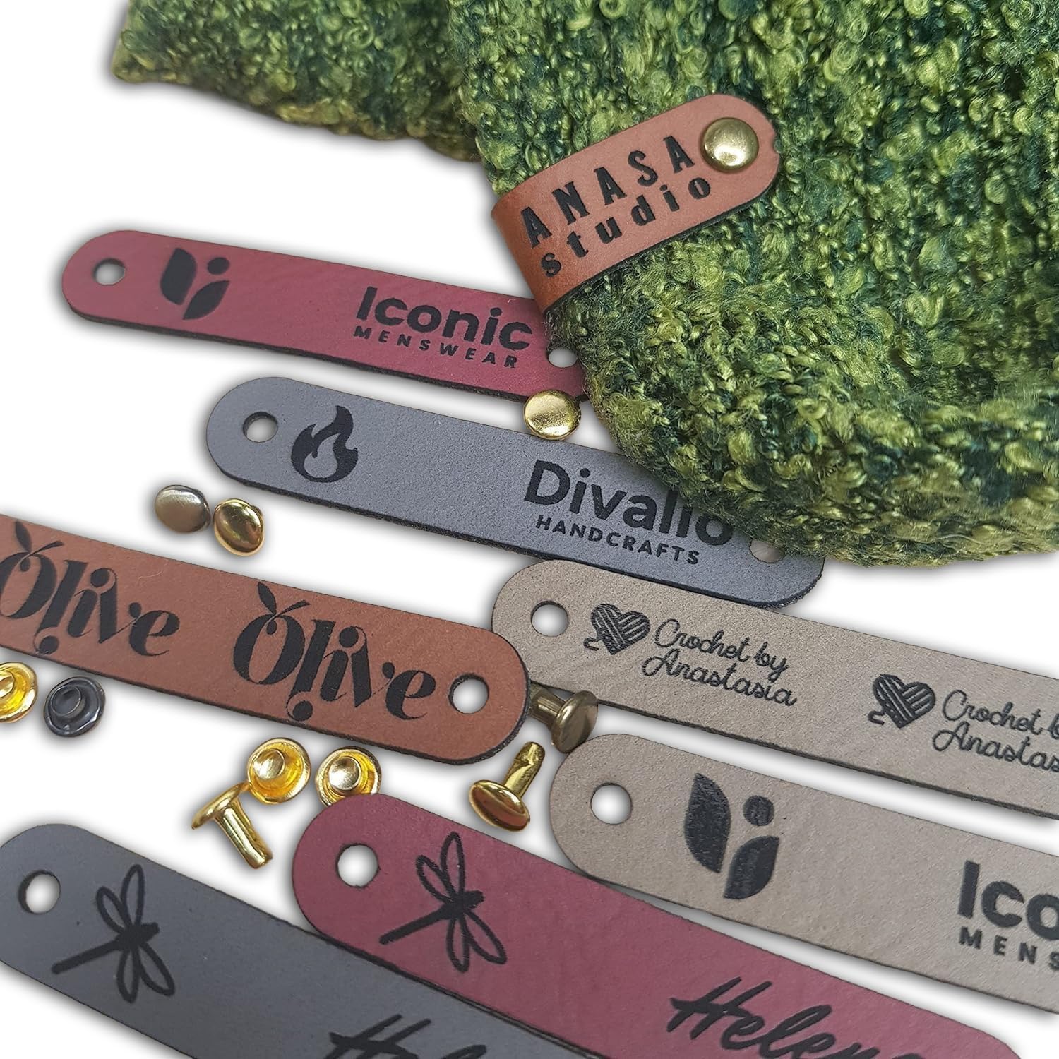 Customized 2.5 x 0.5 in Faux Leather Product Tags with Rivets Personalized Tags for Knitting and Crochet, Cute Labels Handmade Perfect for Hats Beanies Scarves & More (250 Labels)