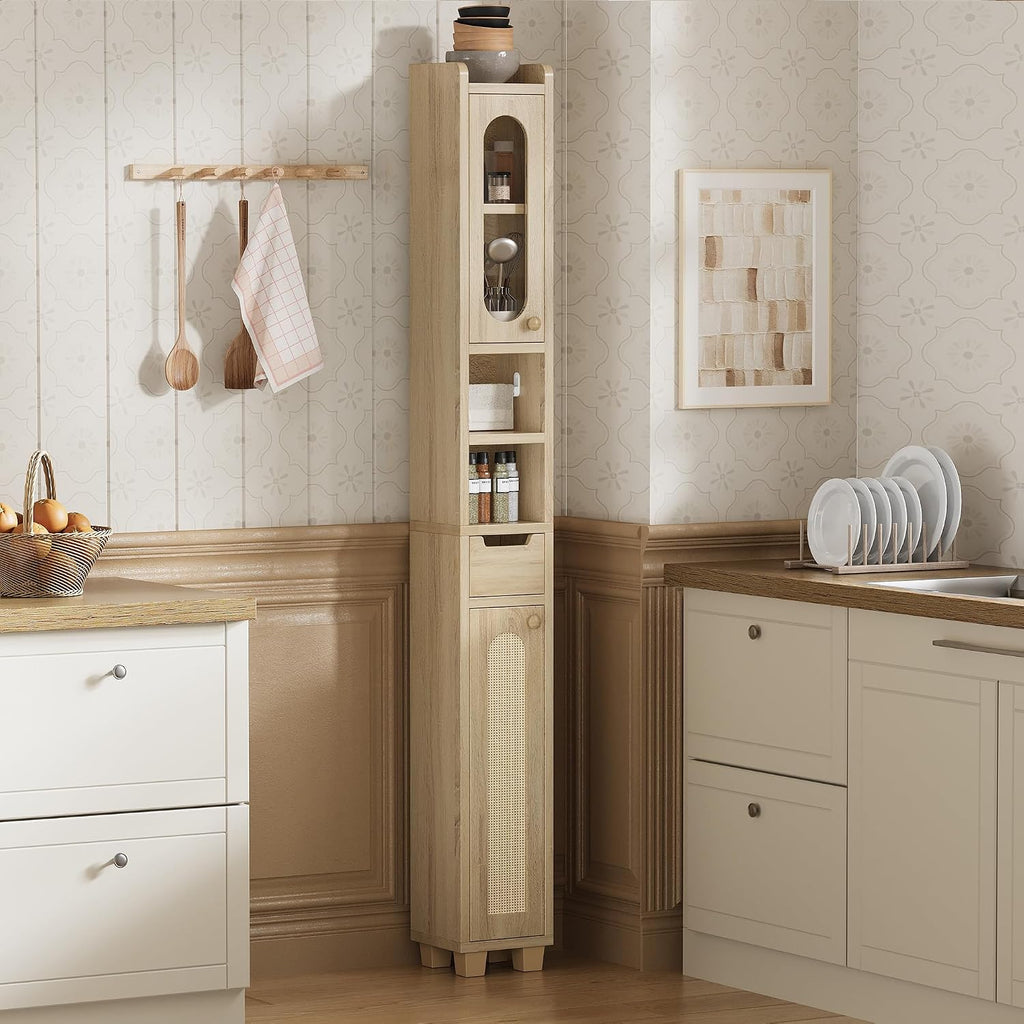 LIKIMIO 69' H Tall Bathroom Storage Cabinet with 2 Doors & 1 Drawer, Narrow Adjustable Shelves & Pull-Out Tissue Holder, Slim Freestanding Cabinet for Small Spaces, Kitchen, Entryway, Rustic White