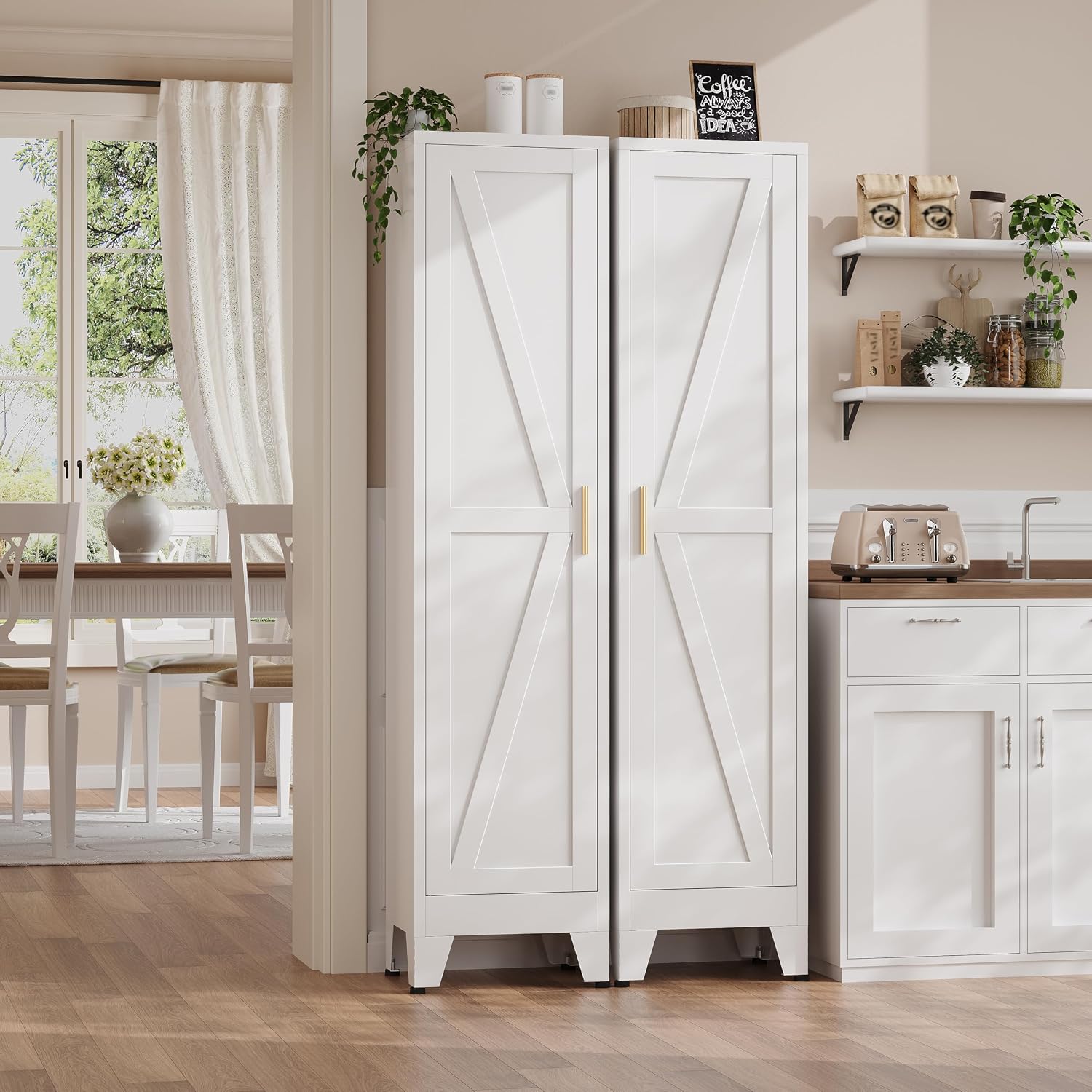 67'H Narrow Pantry Cabinet,Tall Skinny Pantry Storage Cabinet with Adjustable Shelves,Metal Narrow Kitchen Storage Cabinet,Slim and Thin Pantry Cabinets for Living Room Dining Room, White