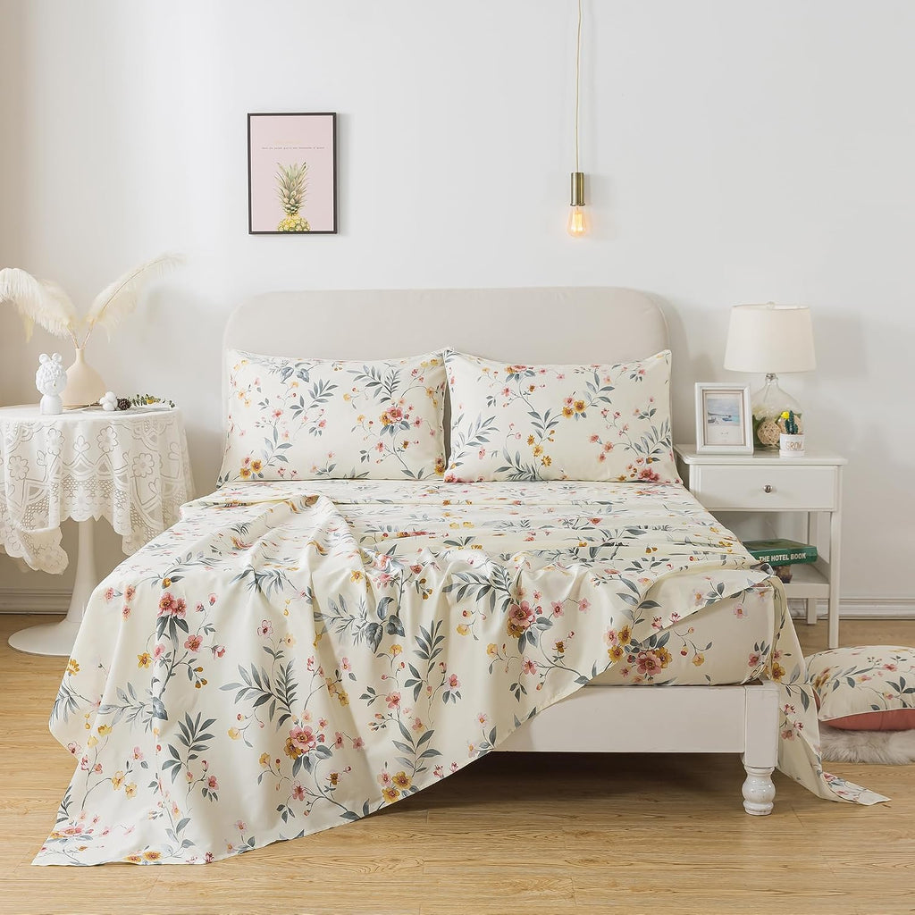 FADFAY Floral Sheets Queen Vintage Pink Floral Bedding Shabby Beige Elegant Botanical Sheets Rustic Farmhouse Bedding 800 Thread Count 100% Egyptian Cotton Deep Pocket Fitted Sheet 4Pcs, Queen Size